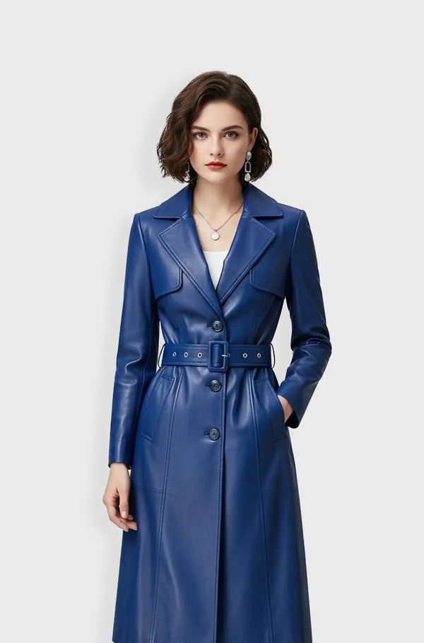 Women Navy Blue Leather Trench Coat Front View