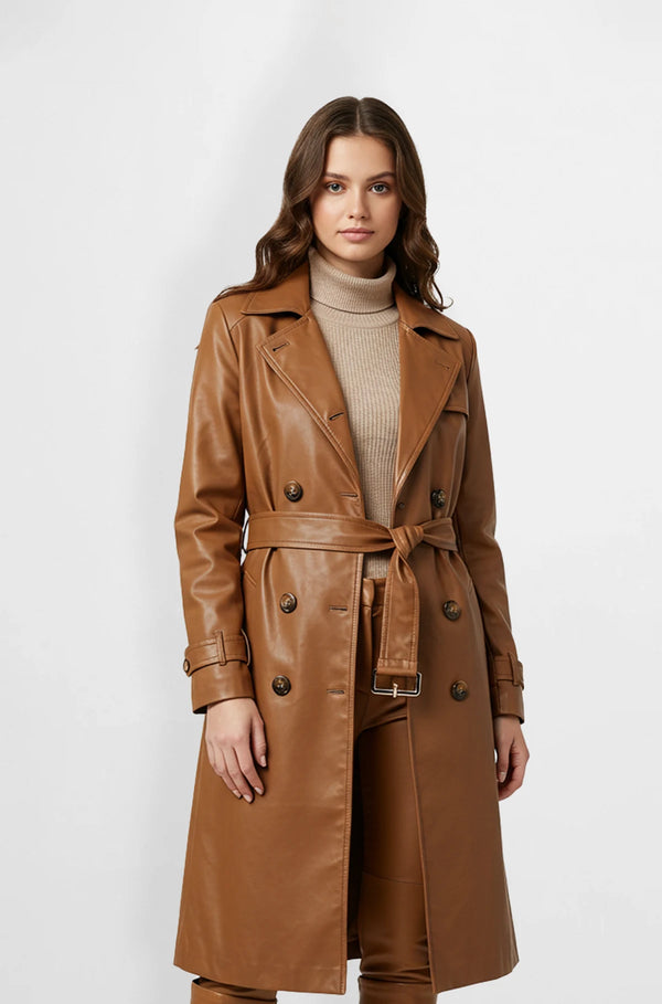 Women Brown Leather Trench Coat Front view
