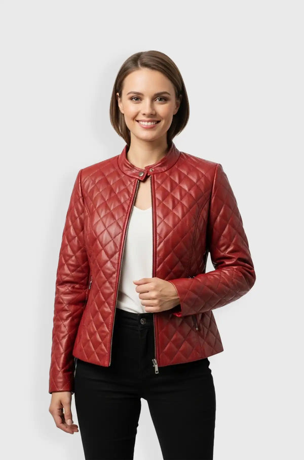 Womens Quilted Red Leather Moto Jacket