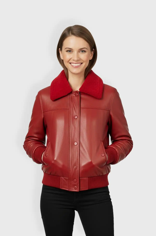 Womens Red Shearling Bomber Leather Jacket