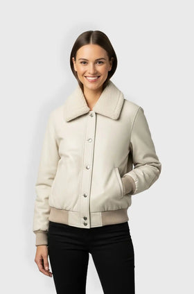 Womens White Shearling Bomber Leather Jacket