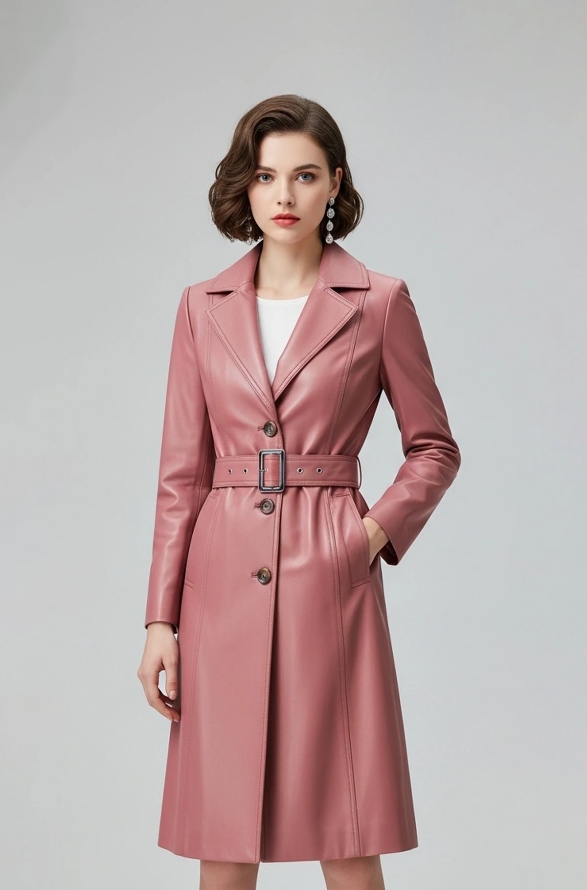 Baby Pink Leather Trench Coat