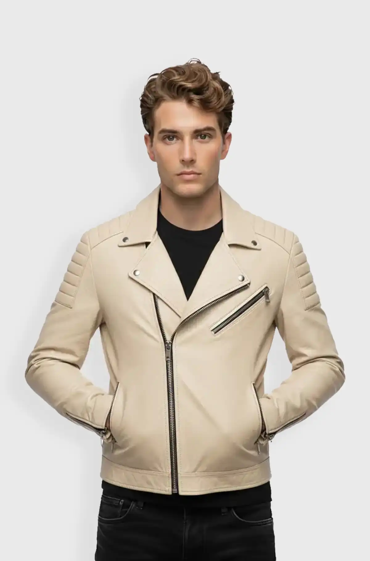Beige Leather Biker Jacket for Men