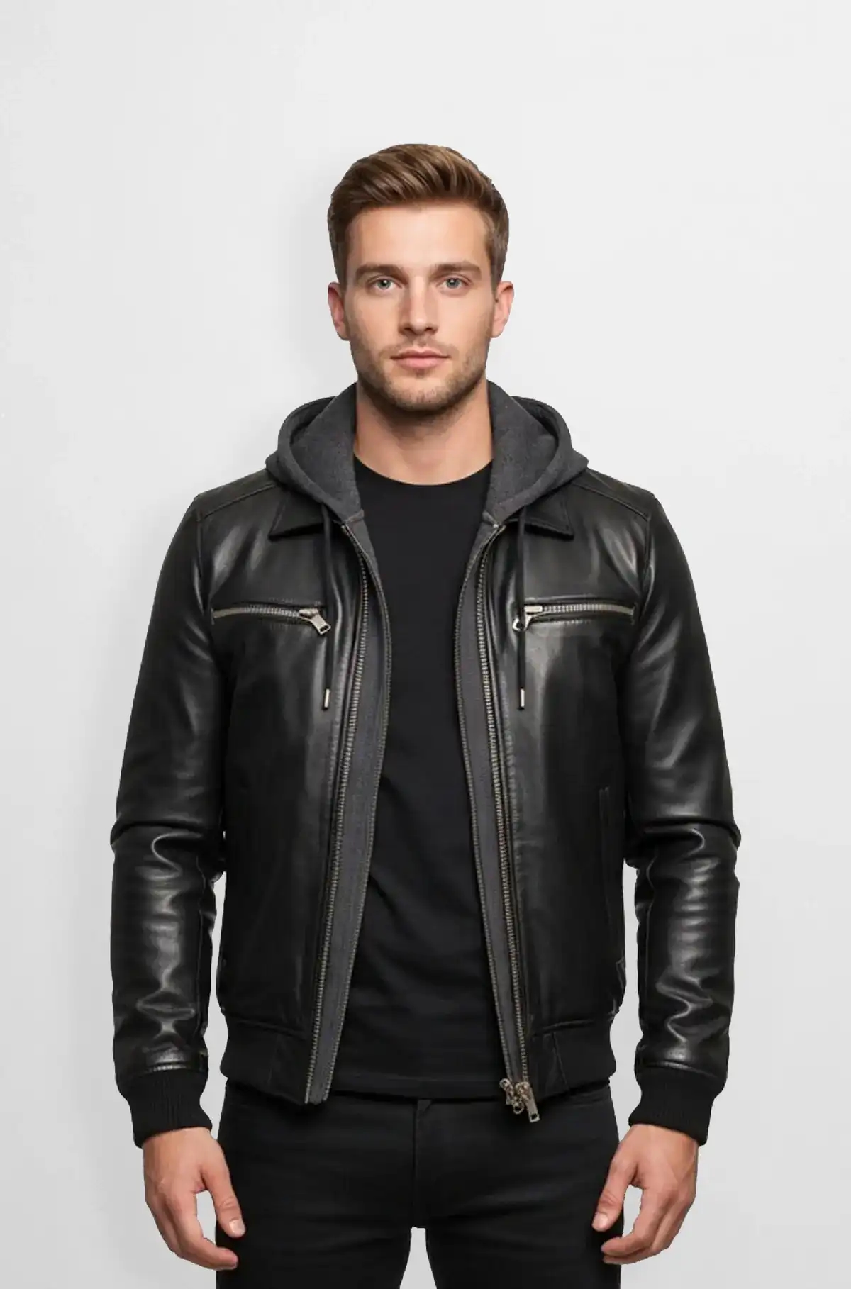 Black Hooded Bomber Leather Jacket