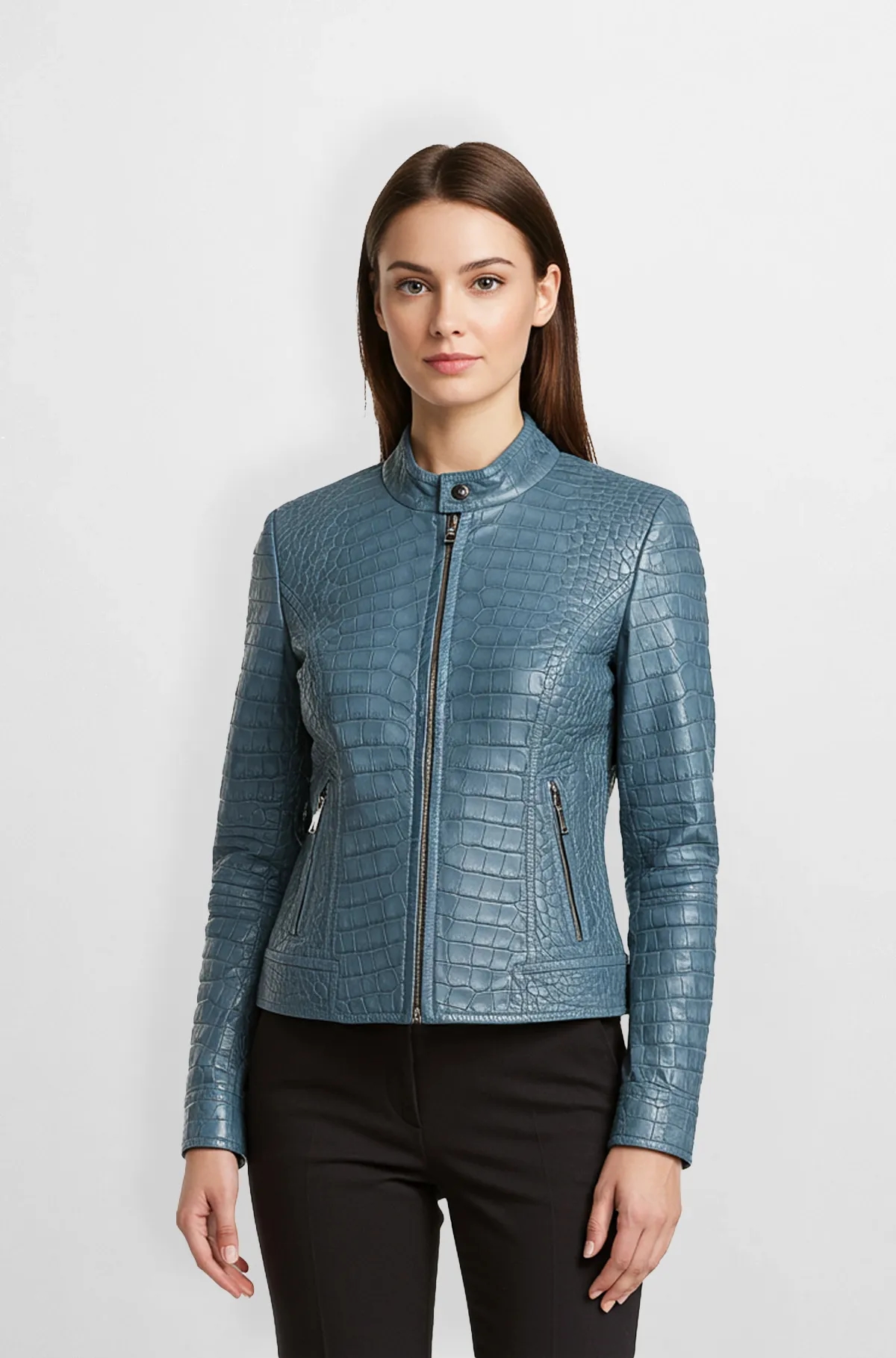 Blue Croc-Textured Leather Jacket