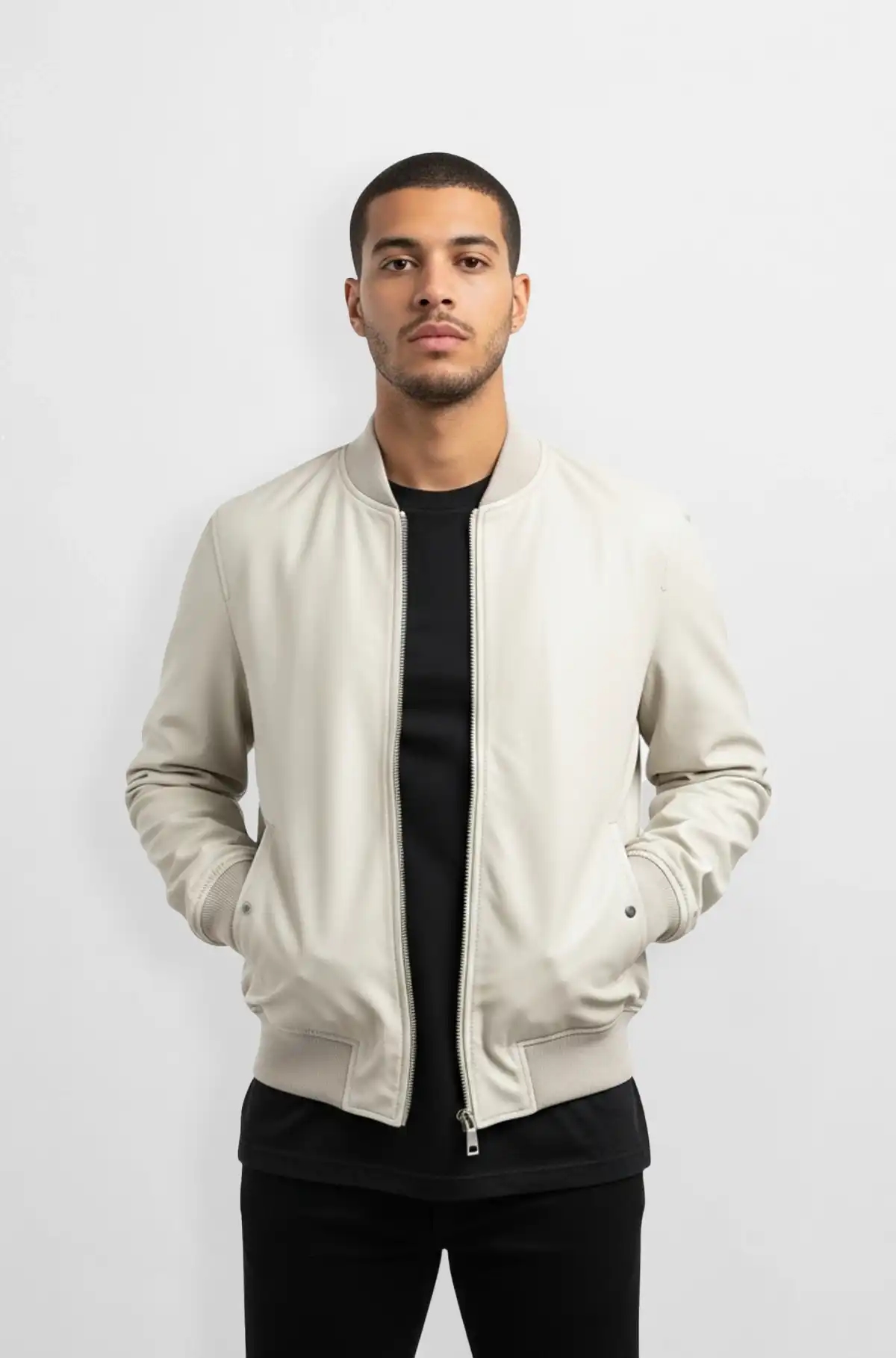 Cream Bomber Leather Jacket for Men