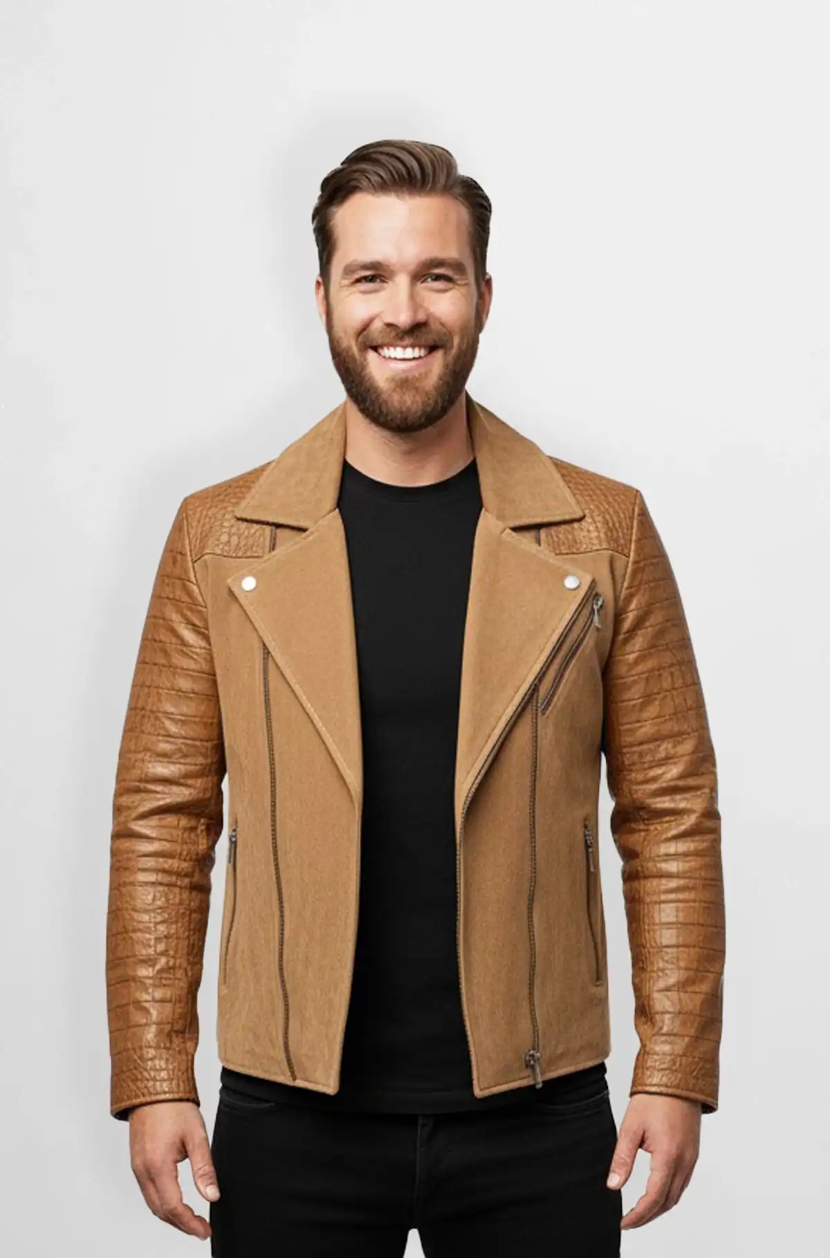 Crocodile Arm Camel Leather Jacket