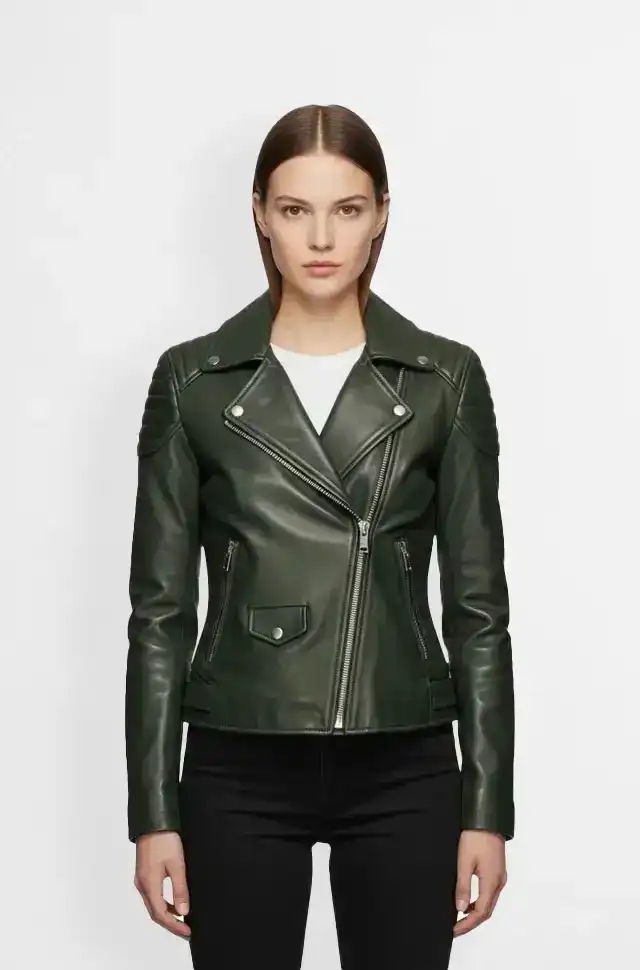 Dark Green Biker Leather Jacket