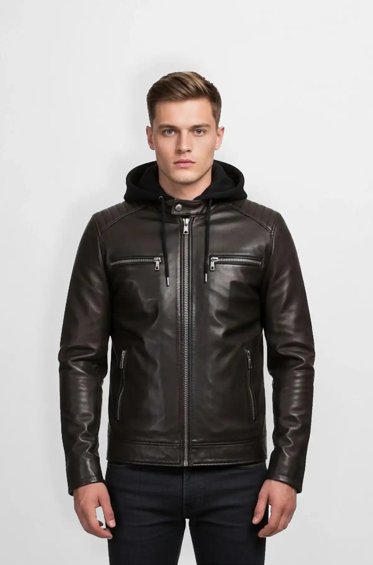 Deep Brown Leather Jacket with Hood