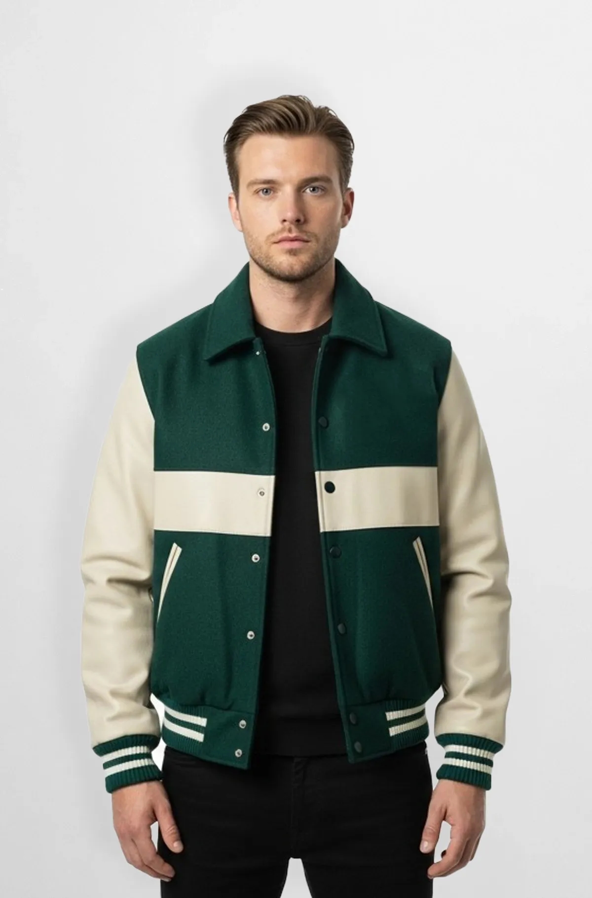 Evergreen Varsity Leather Bomber