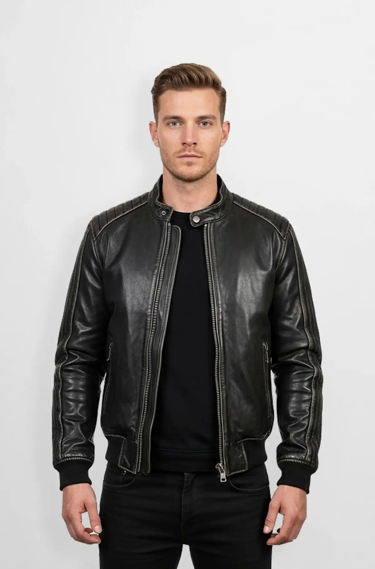 Genuine Black Leather Bomber Jacket