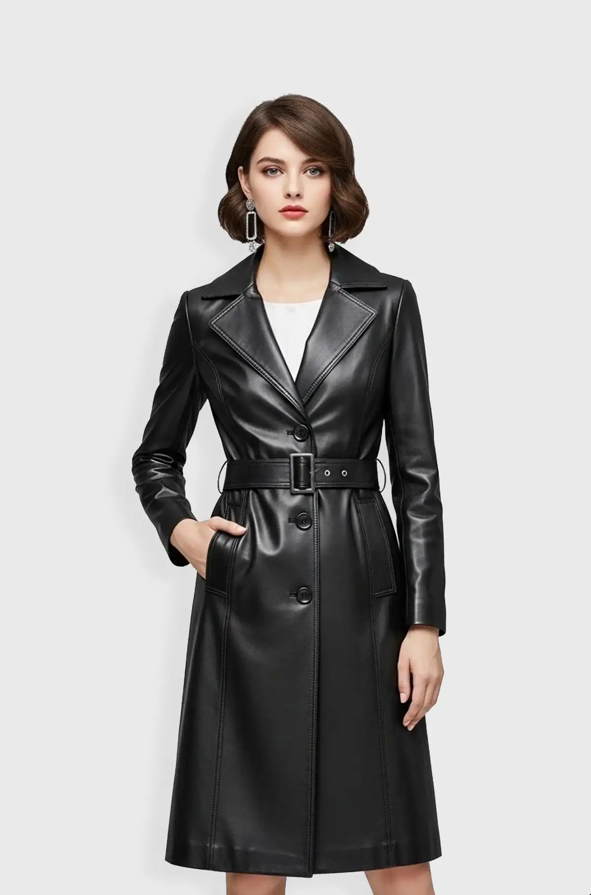 Women Genuine Black Leather Trench Coat