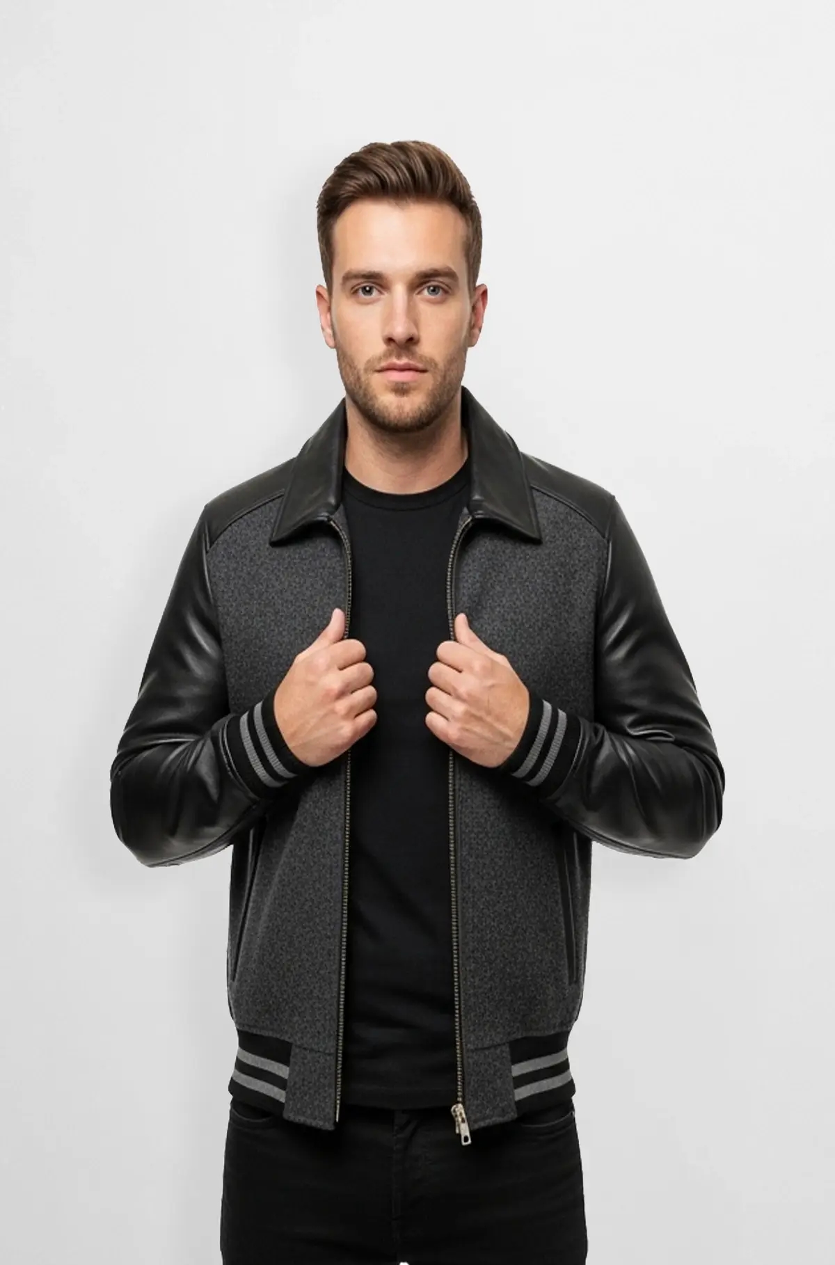 Grey Leather Bomber Jacket for Men