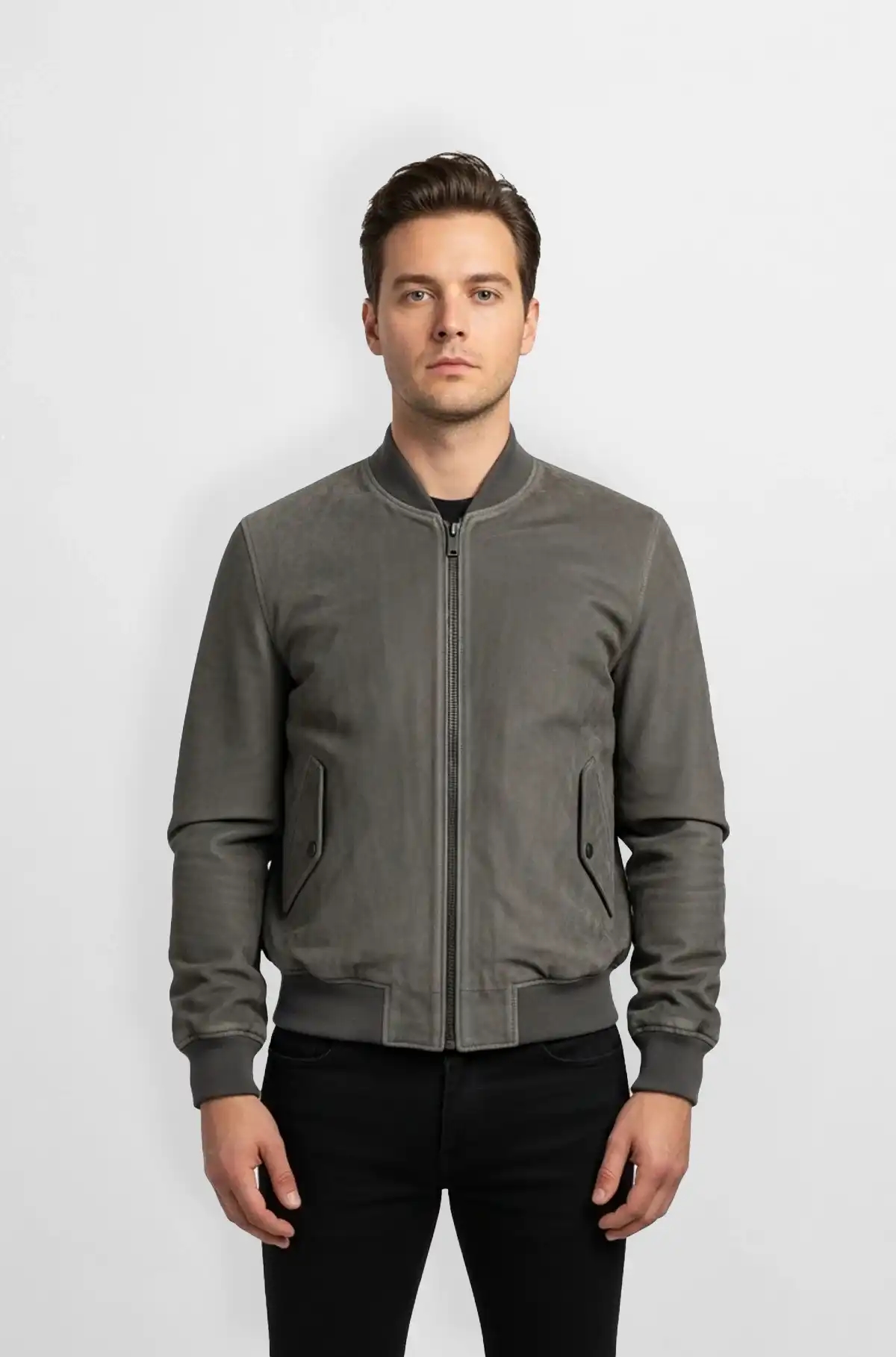 Grey Suede Bomber Jacket