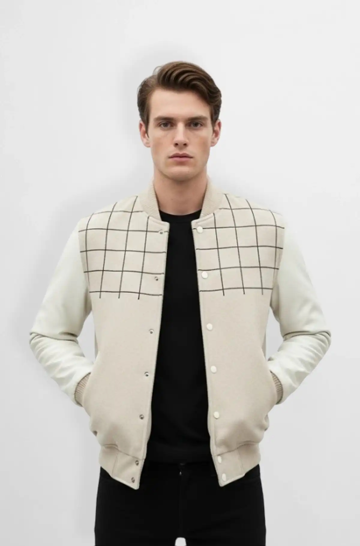 Grid Form Cream Varsity Leather Jacket