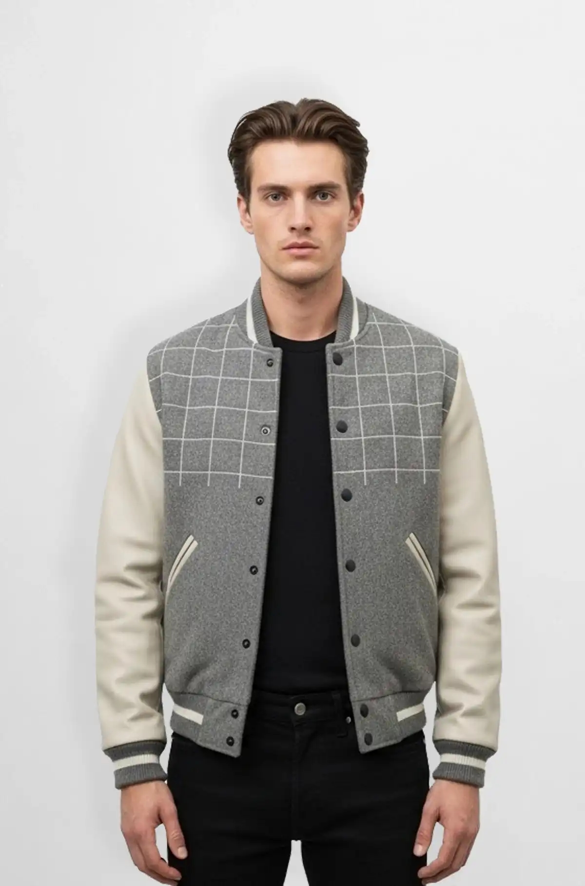 Grid Panel Leather Varsity Jacket