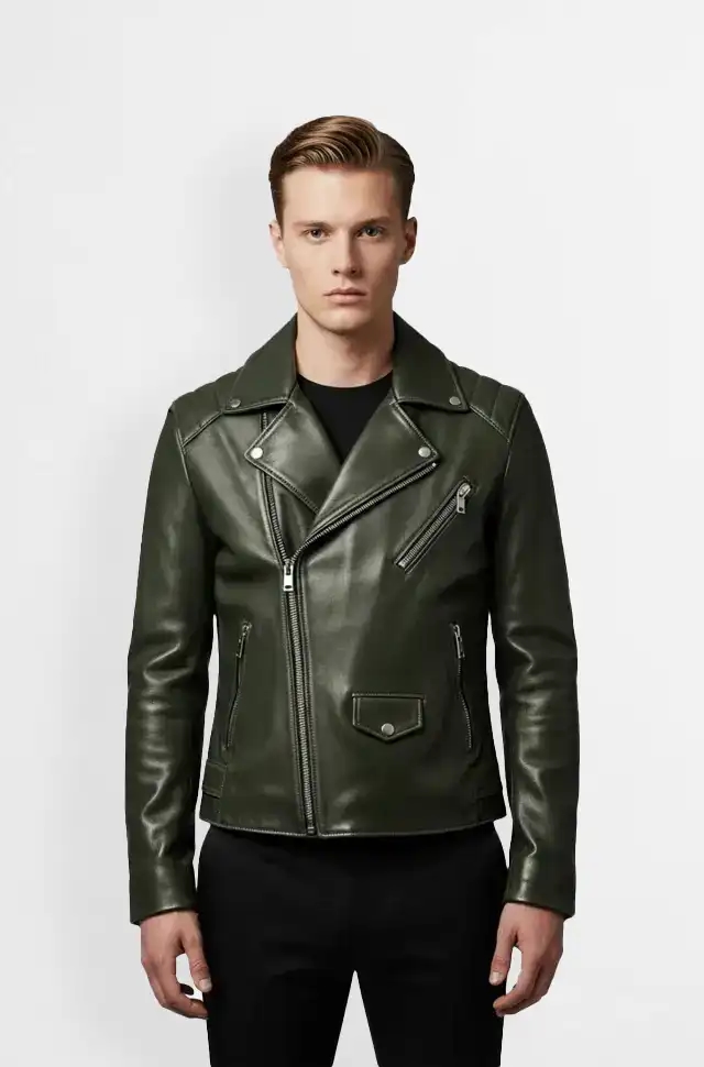 Hunter Green Leather Biker Jacket
