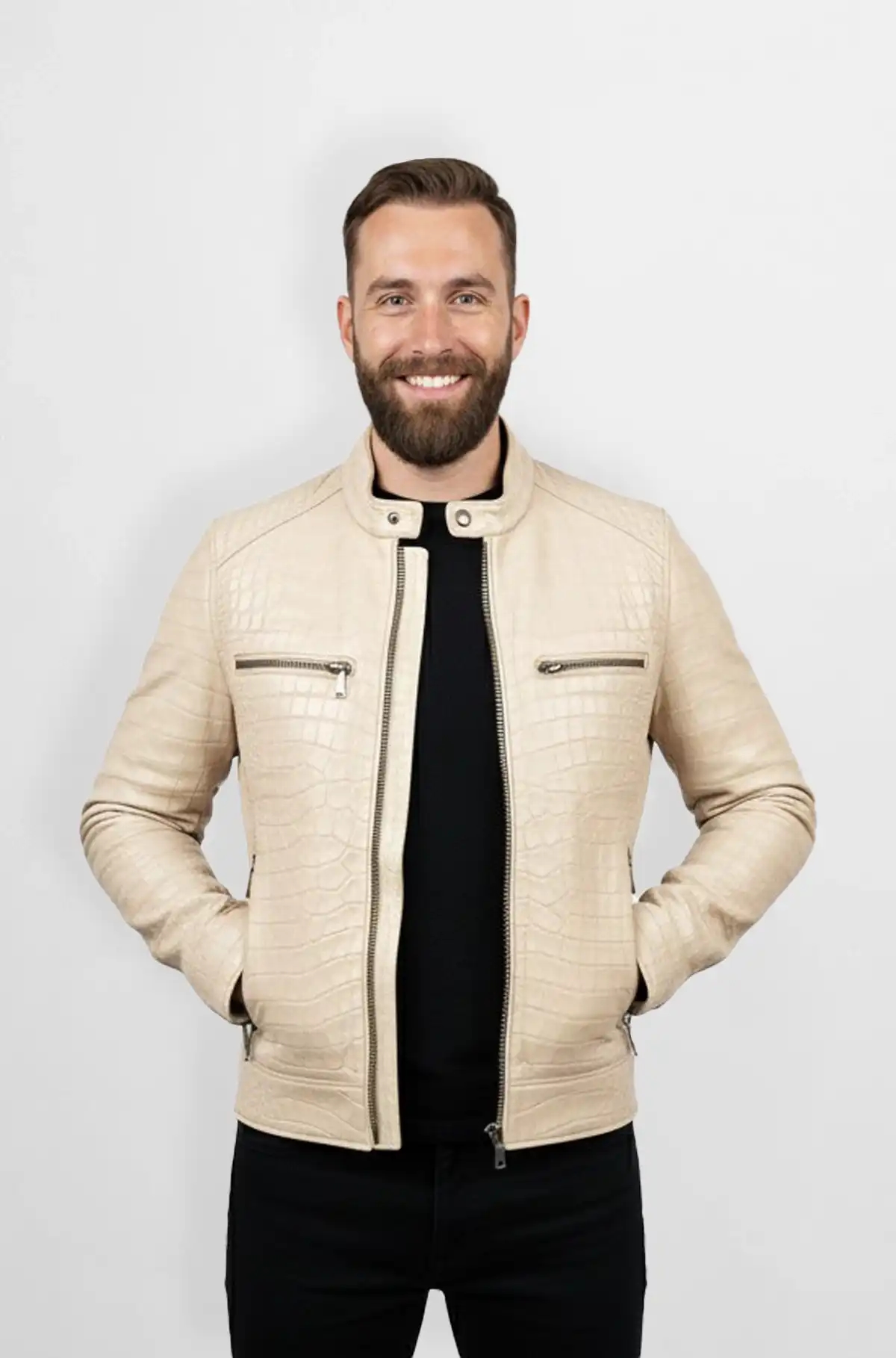 Ivory Embossed Moto Jacket