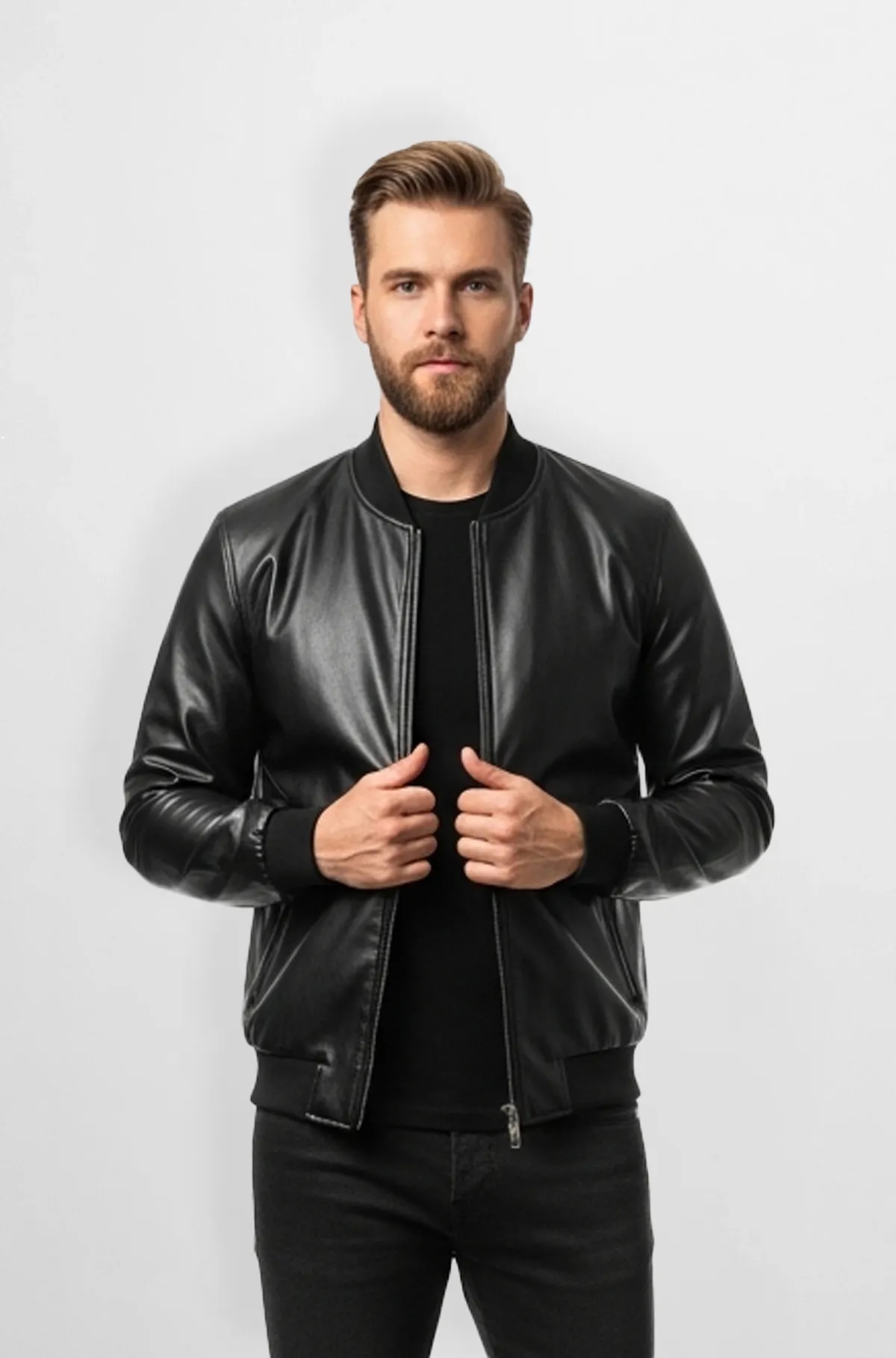 Jet Black Leather Bomber Jacket
