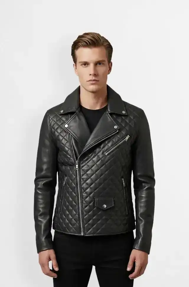 Jet Black Quilted Leather Biker Jacket