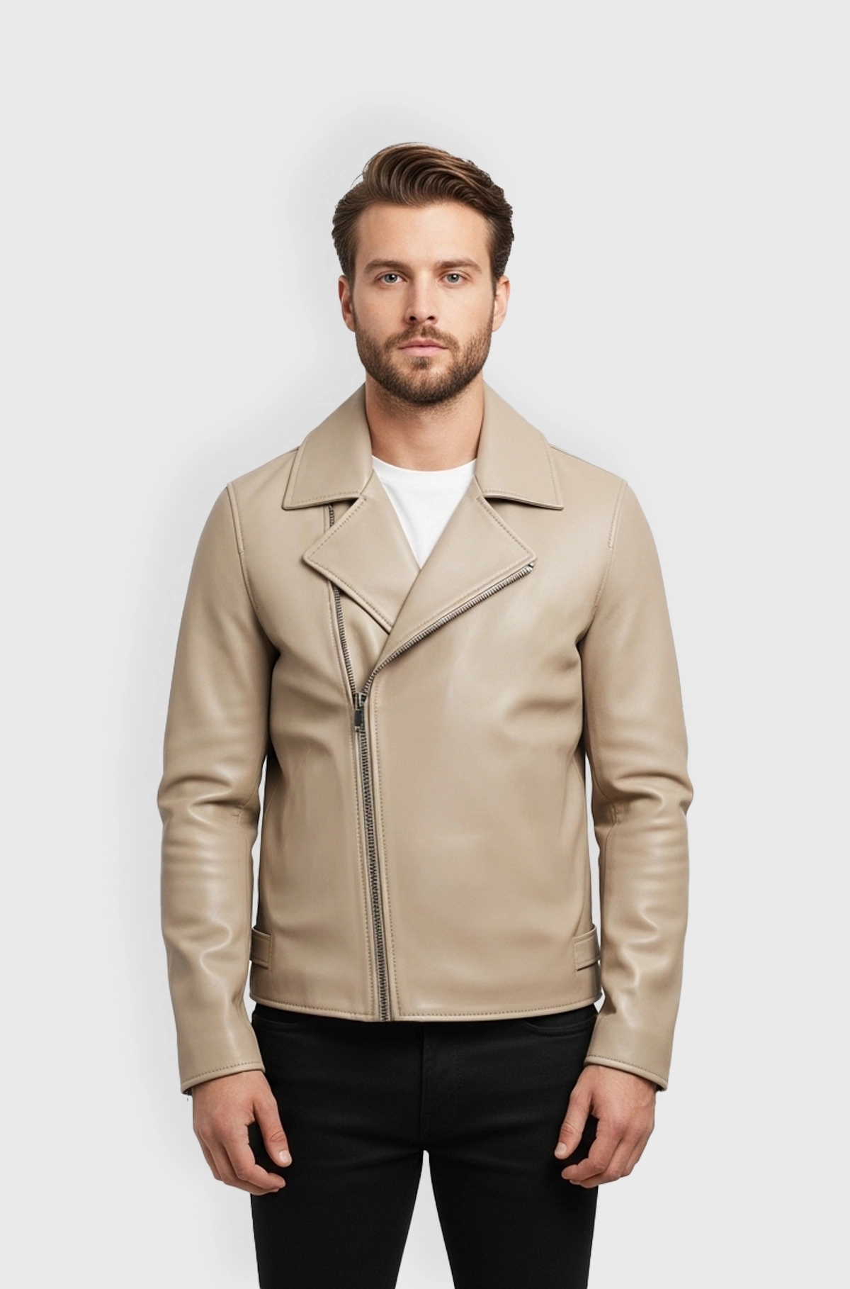 Mens Beige Leather Biker Jacket