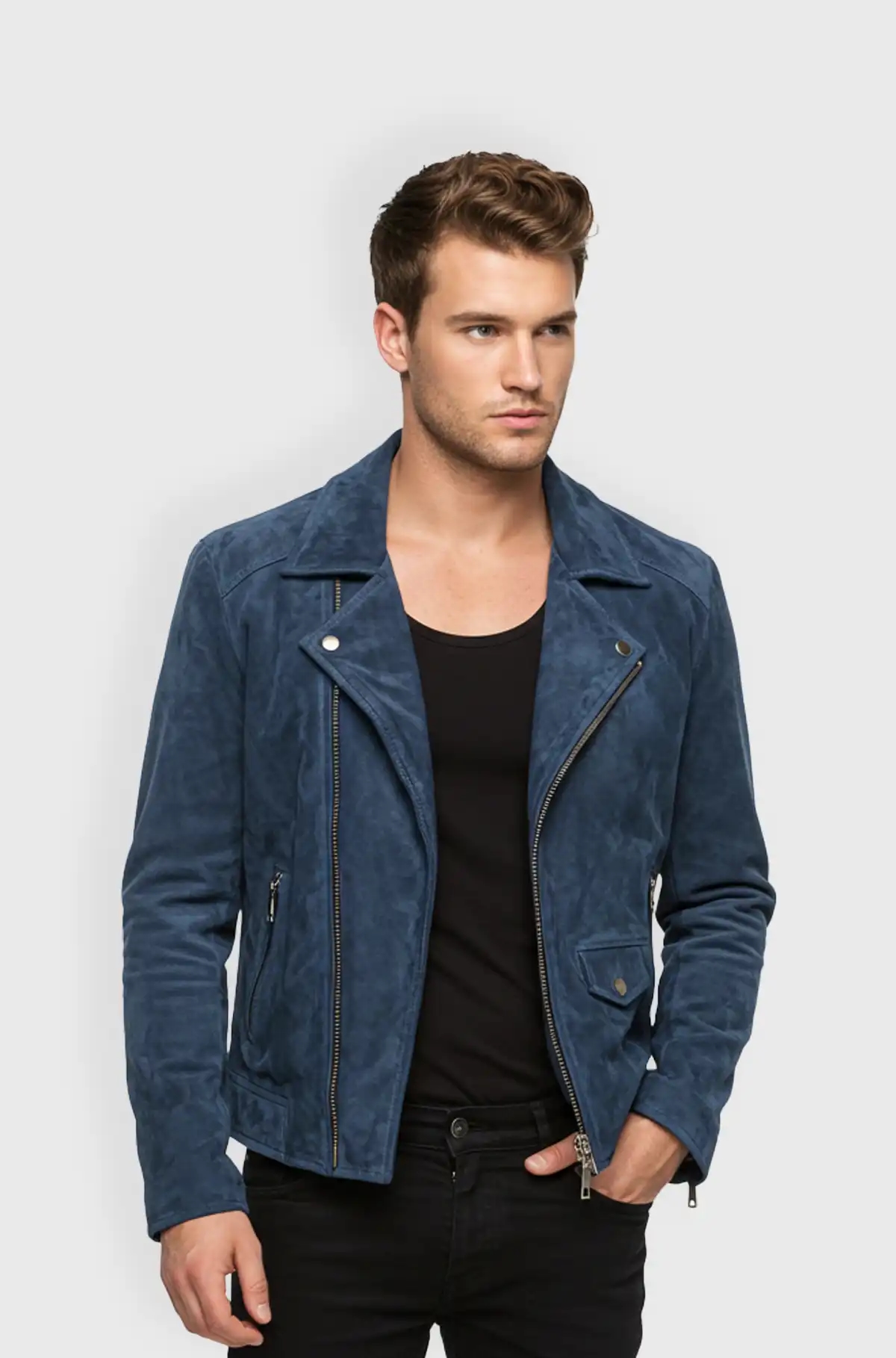 Mens Blue Suede Biker Jacket