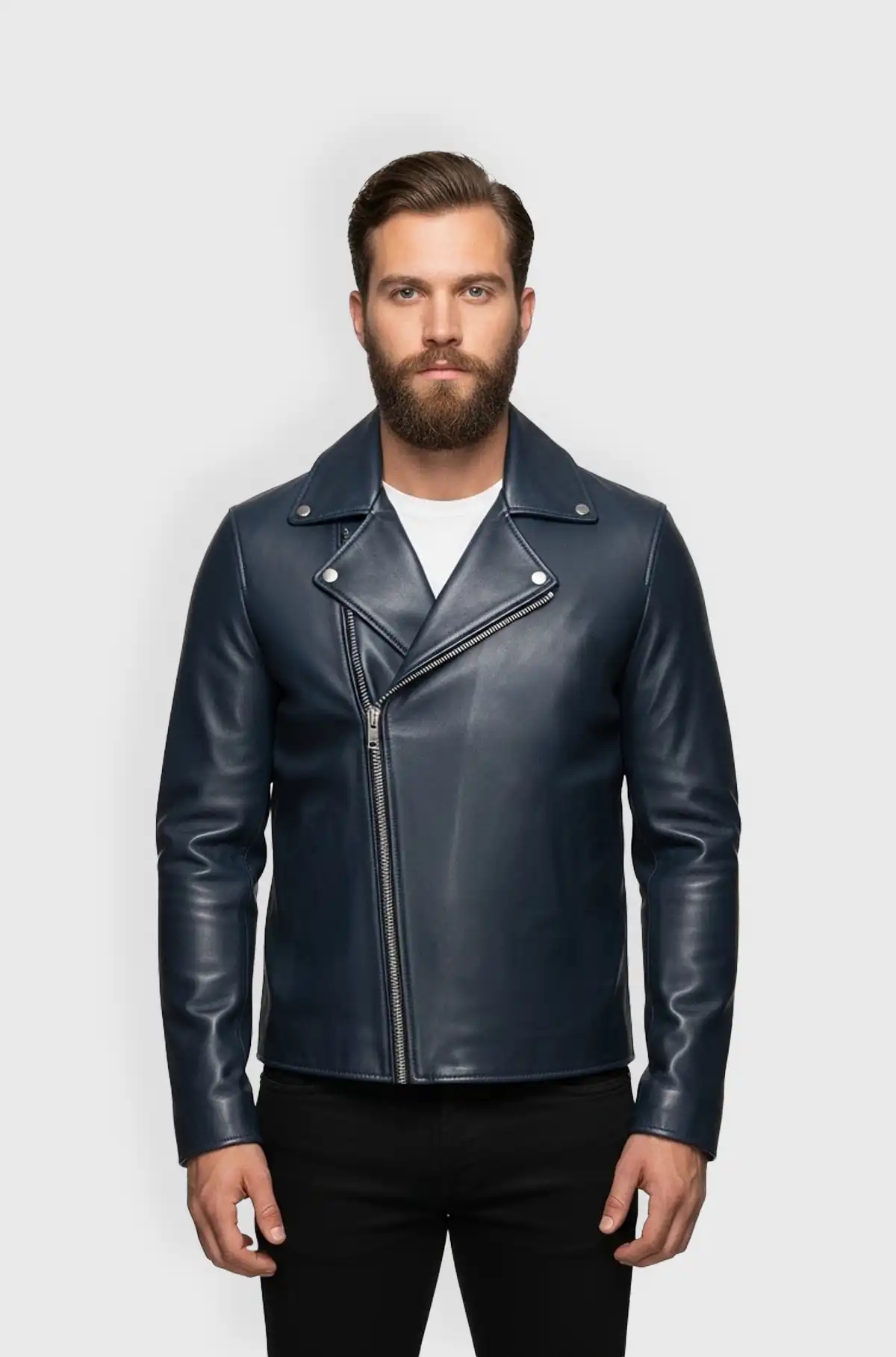 Mens Navy Blue Leather Biker Jacket