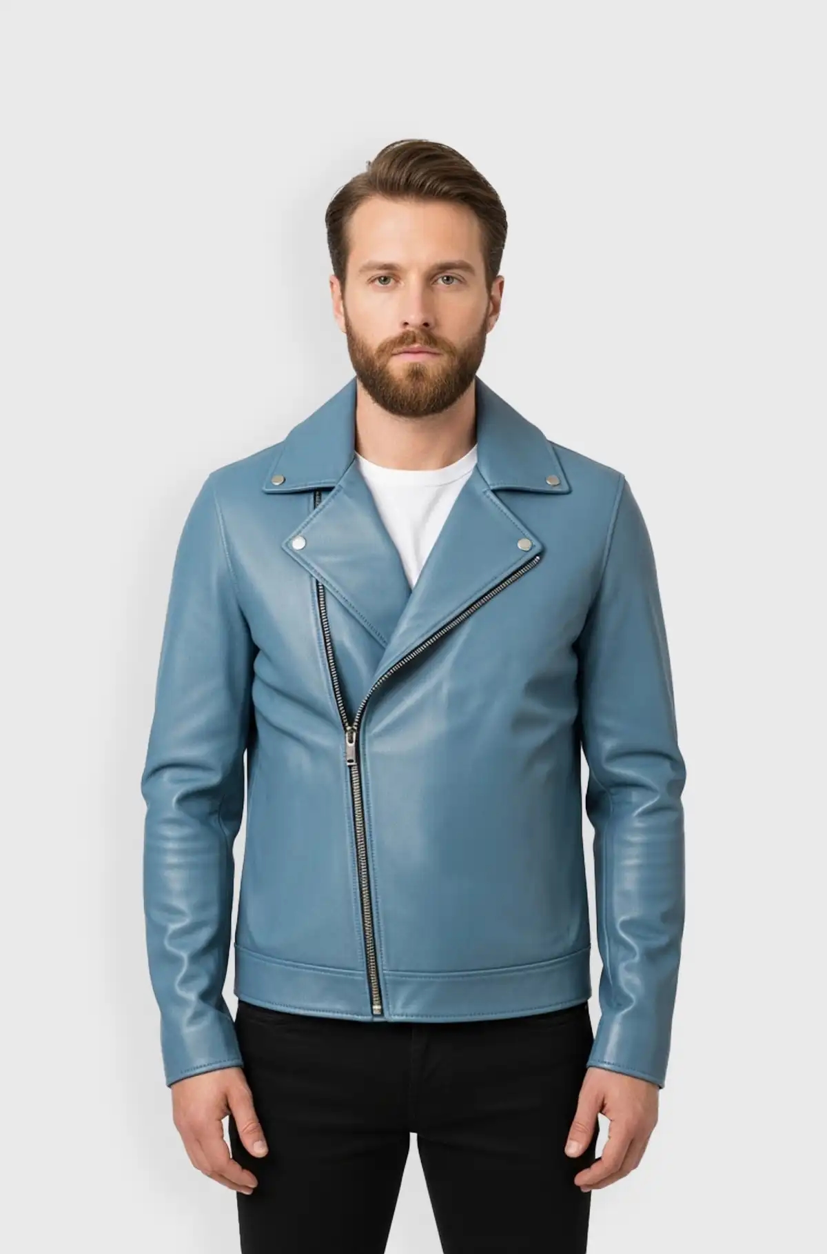 Mens Sky Blue Leather Biker Jacket