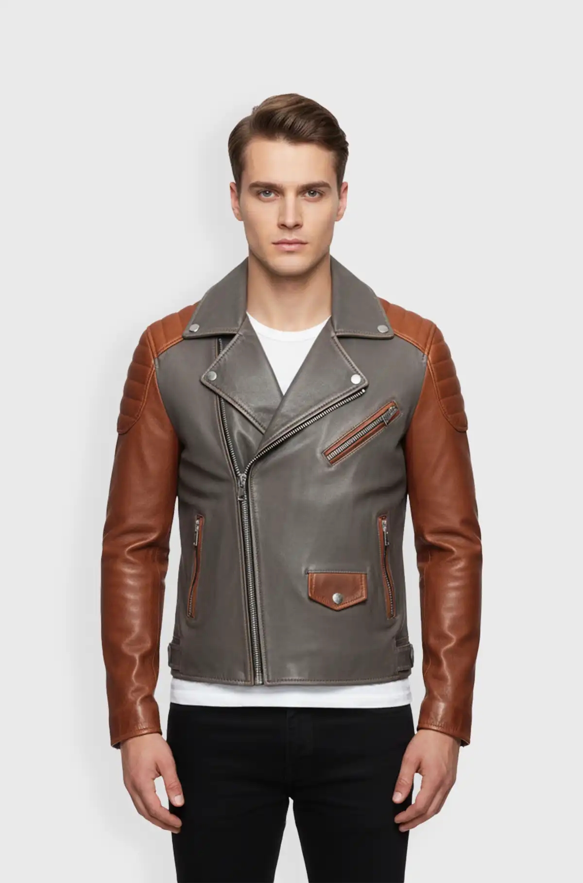 Mens Two Tone Biker Leather Jacket