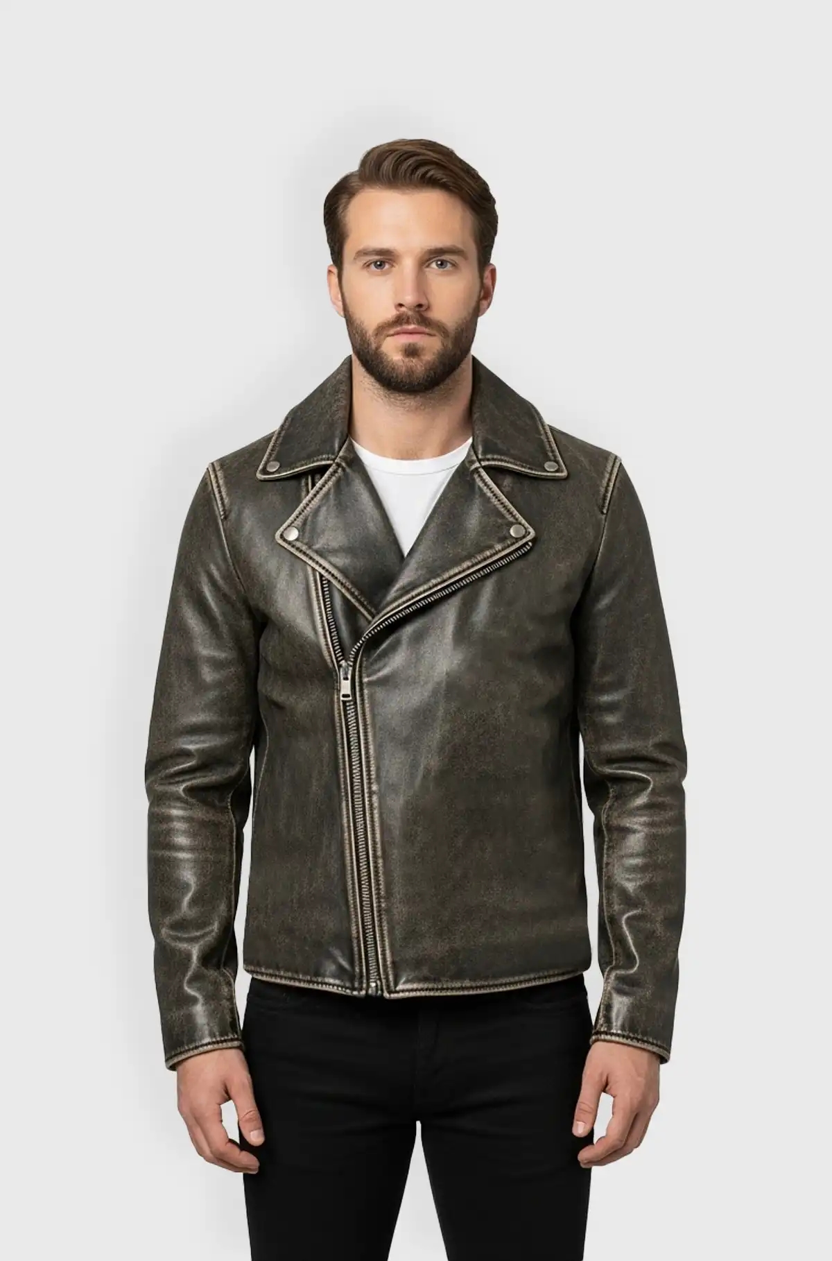 Mens Vintage Grey Leather Biker Jacket