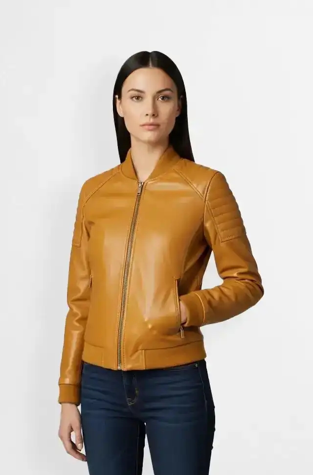 Mustard Leather Bomber Jacket