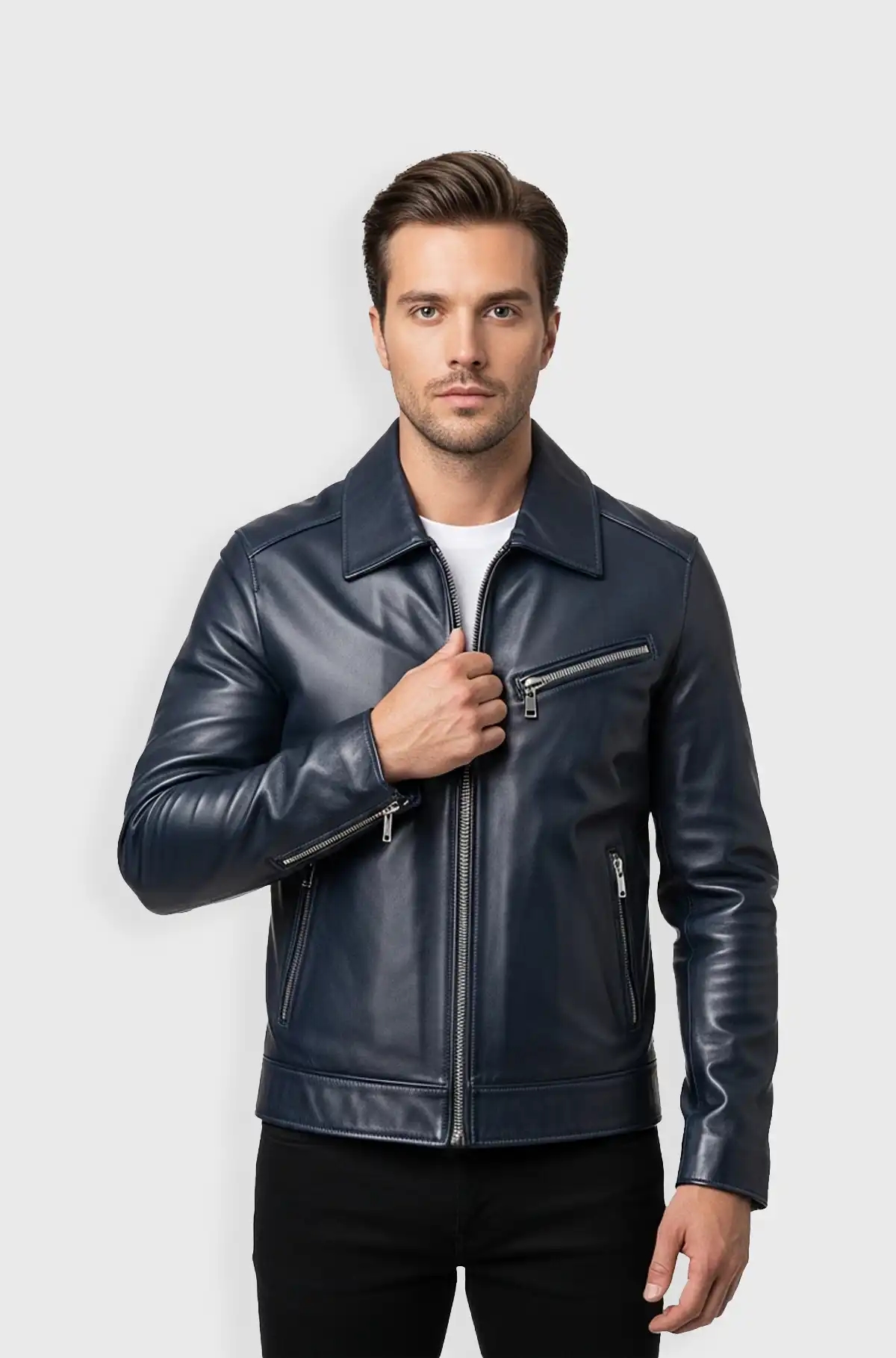 Navy Blue Biker Leather Jacket