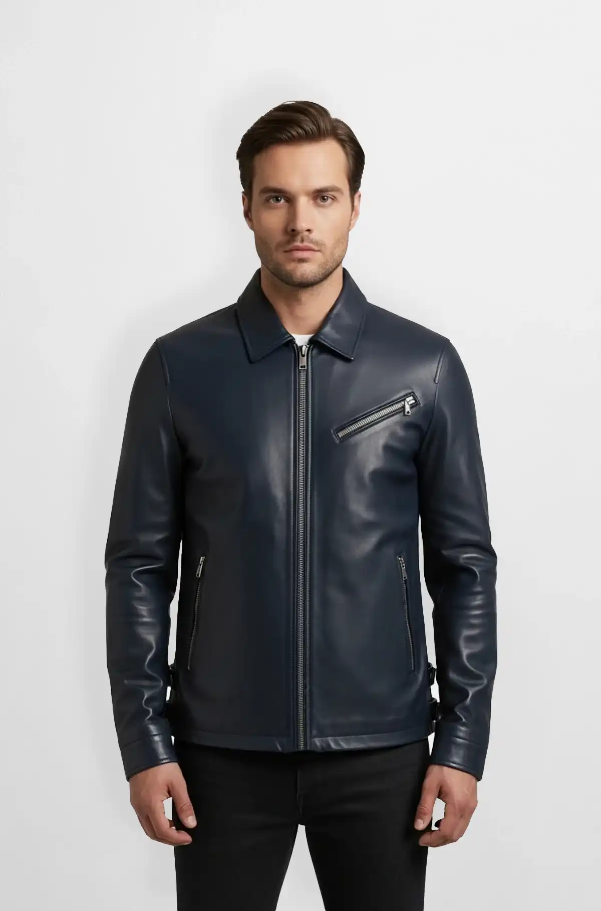 Navy Blue Leather Jacket for Men
