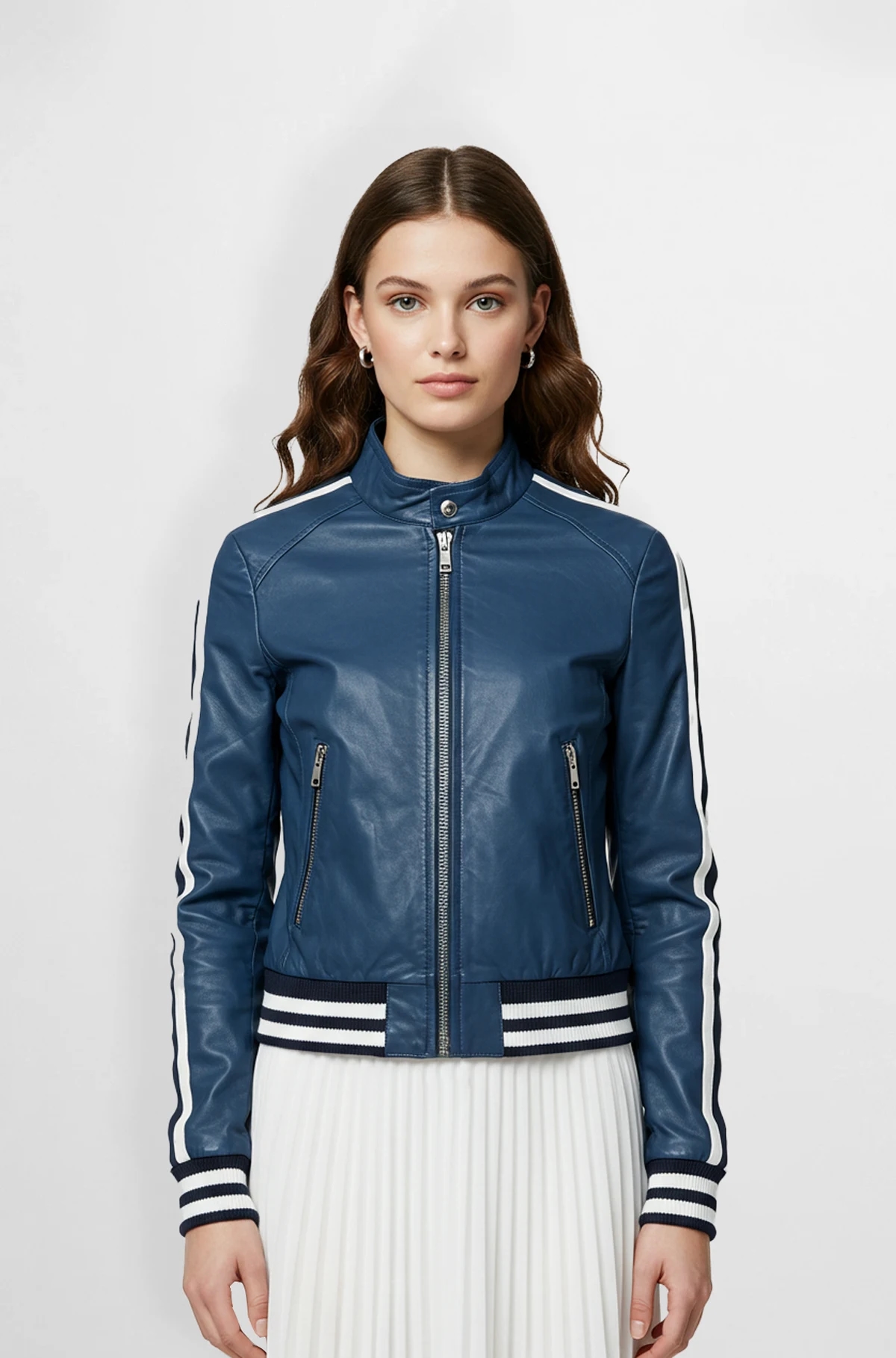 Navy Blue Leather Varsity Jacket