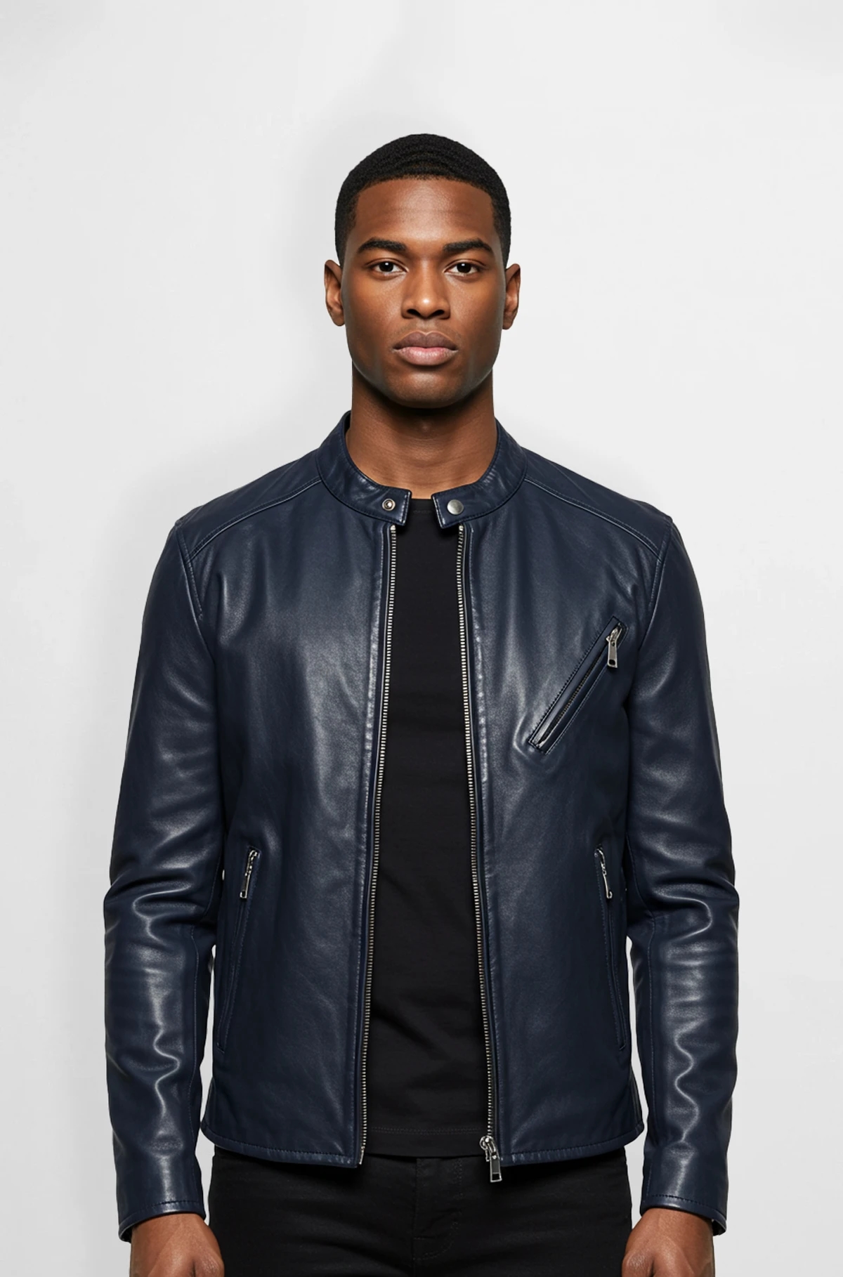 Navy Leather Biker Jacket