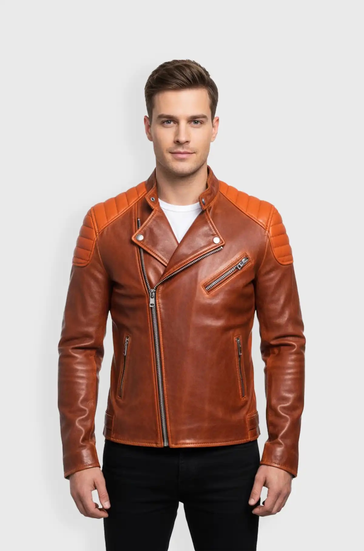 Orange And Brown Leather Biker Jacket