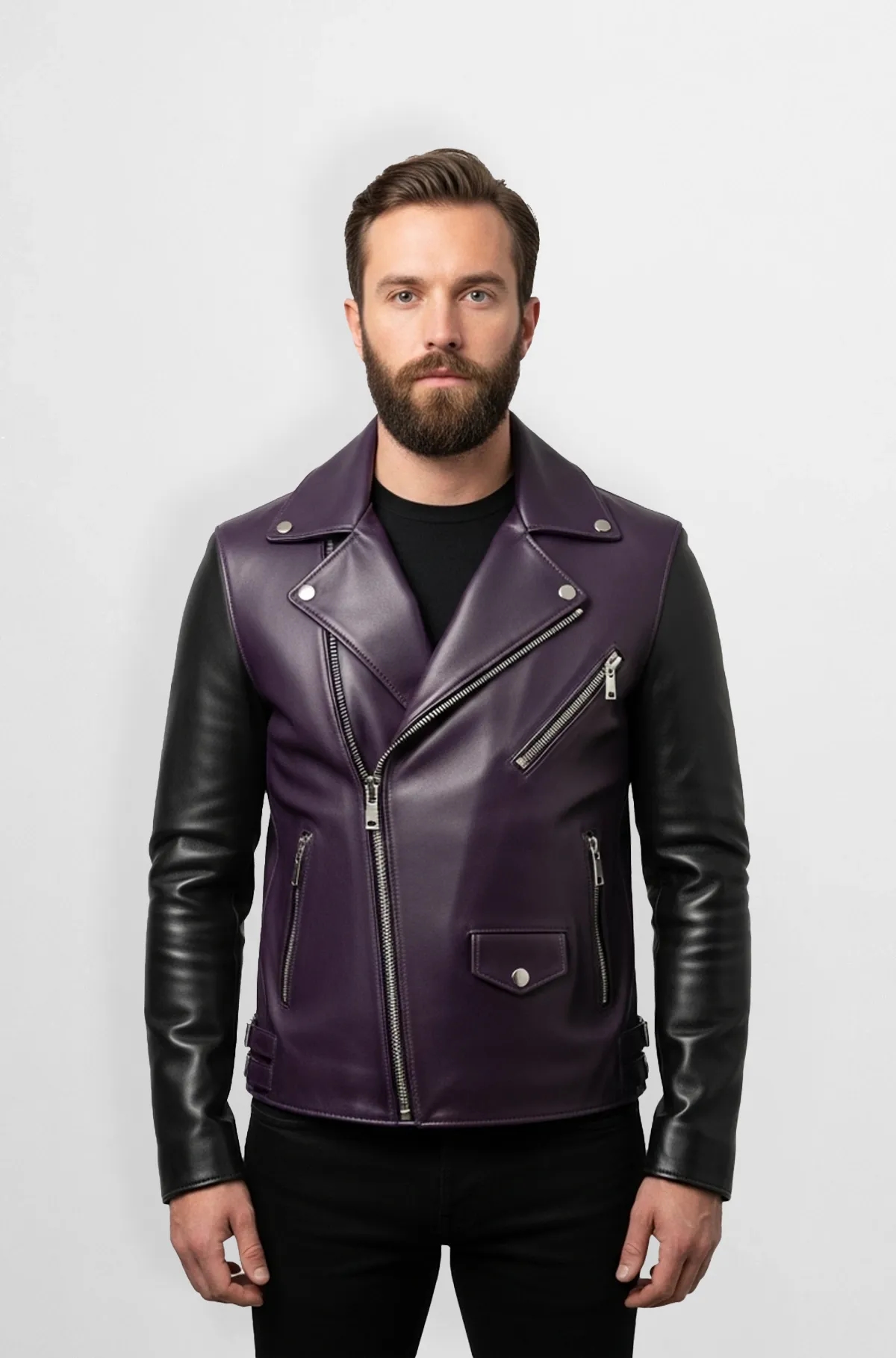 Purple Leather Biker Jacket for Men