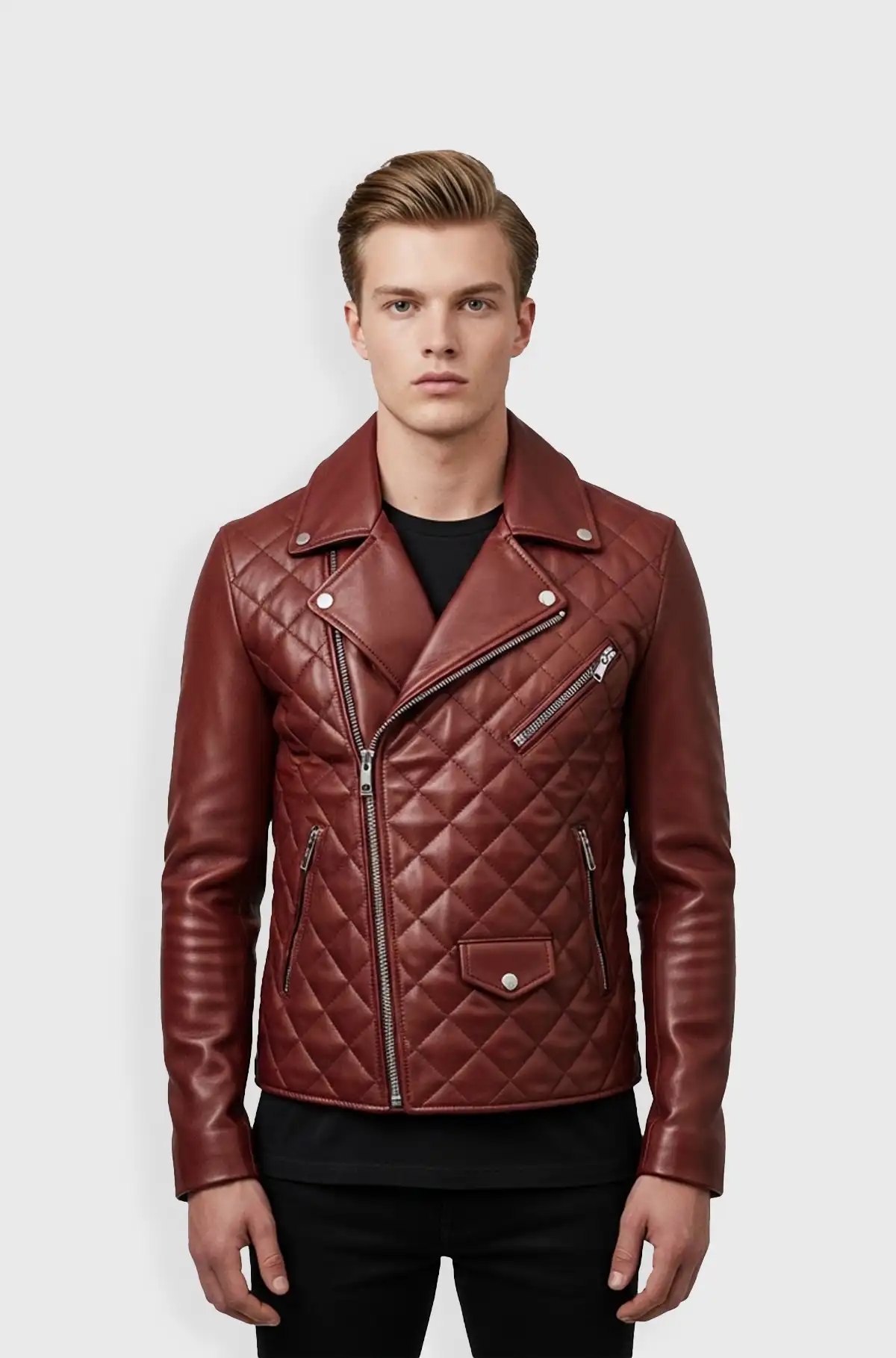 Quilted Maroon Leather Biker Jacket
