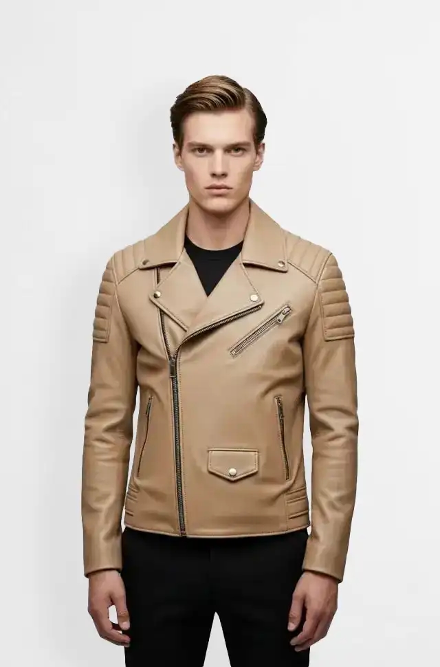 Tan Quilted Biker Leather Jacket