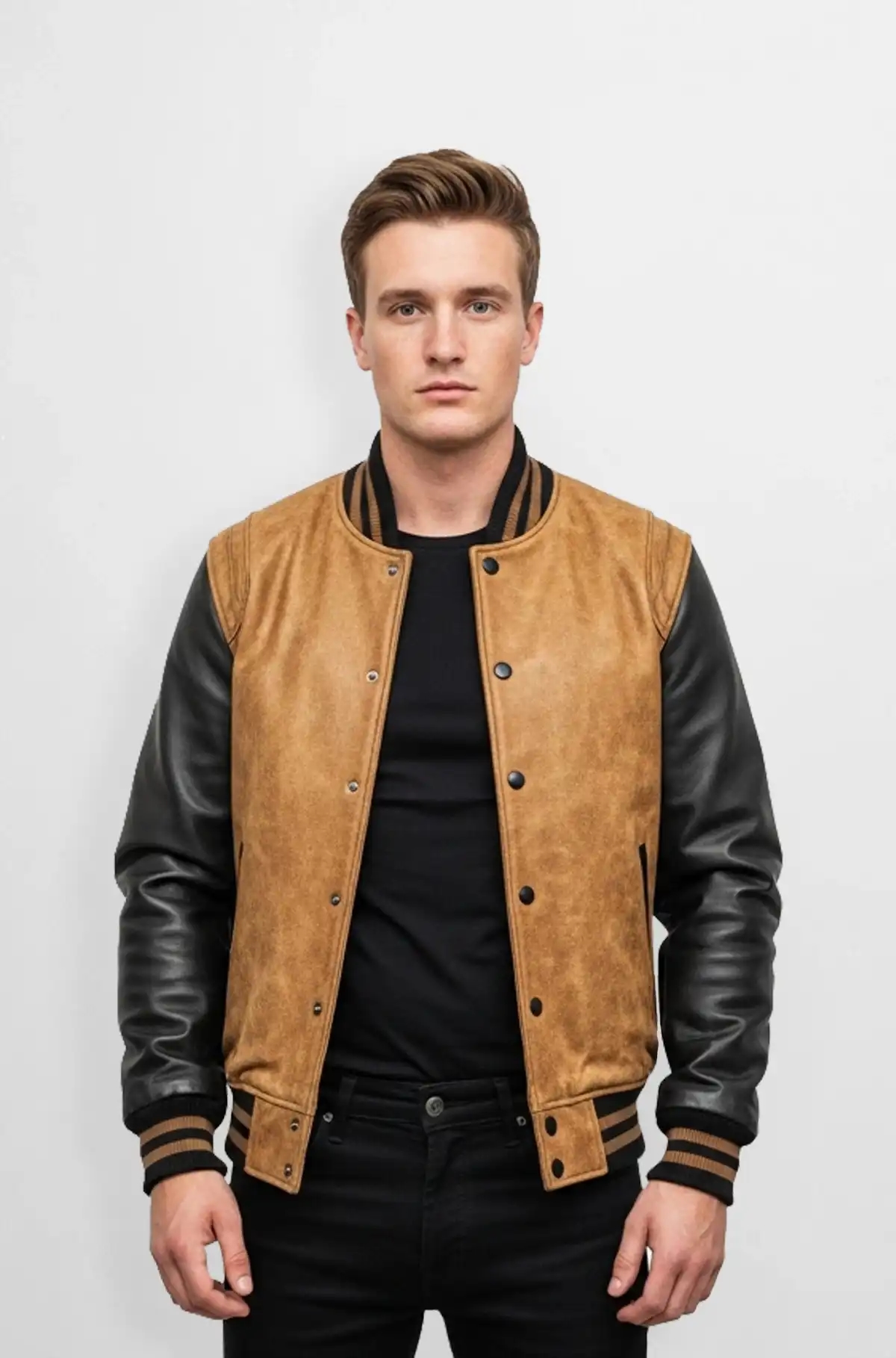 Tan and Black Varsity Leather Jacket