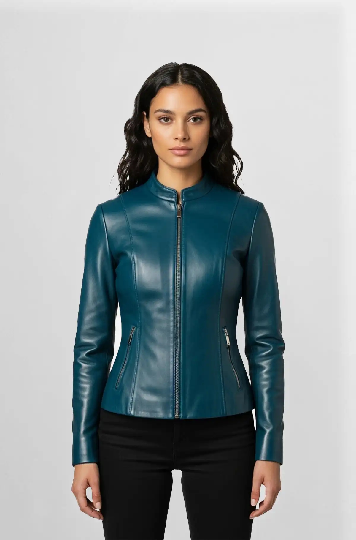 Teal Leather Zip Up Jacket