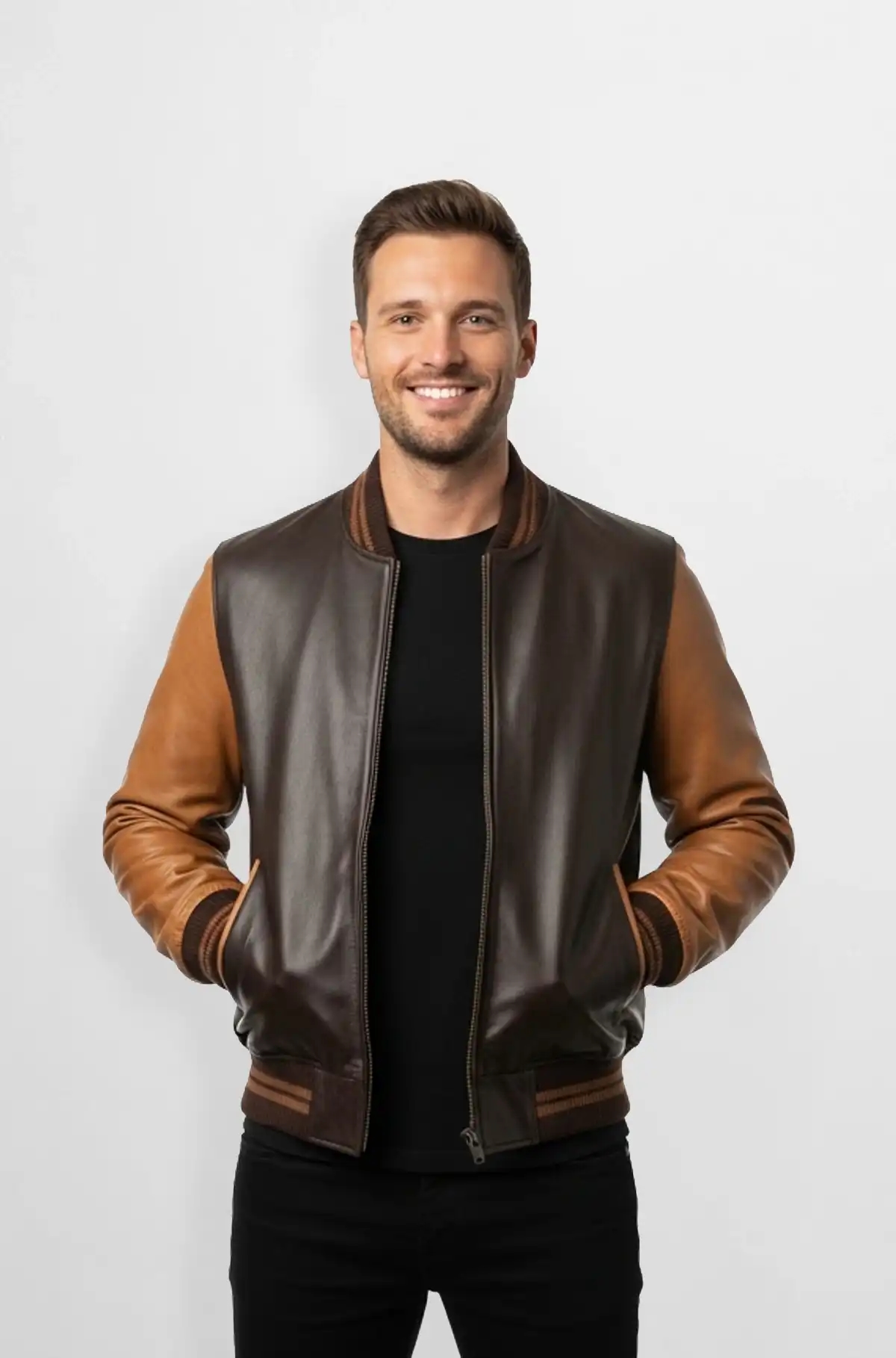 Umber Brown Leather Bomber Jacket
