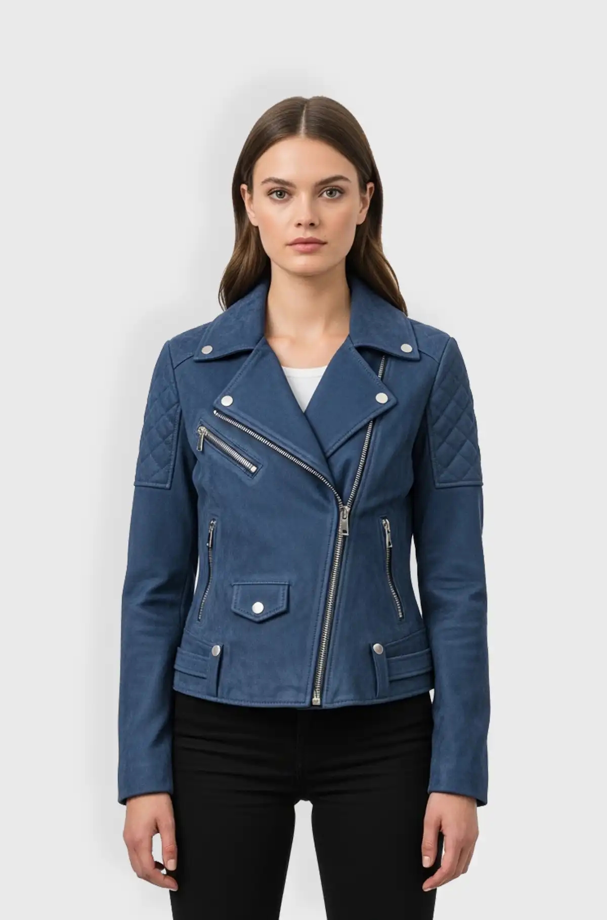 Womens Blue Quilted Suede Biker Jacket