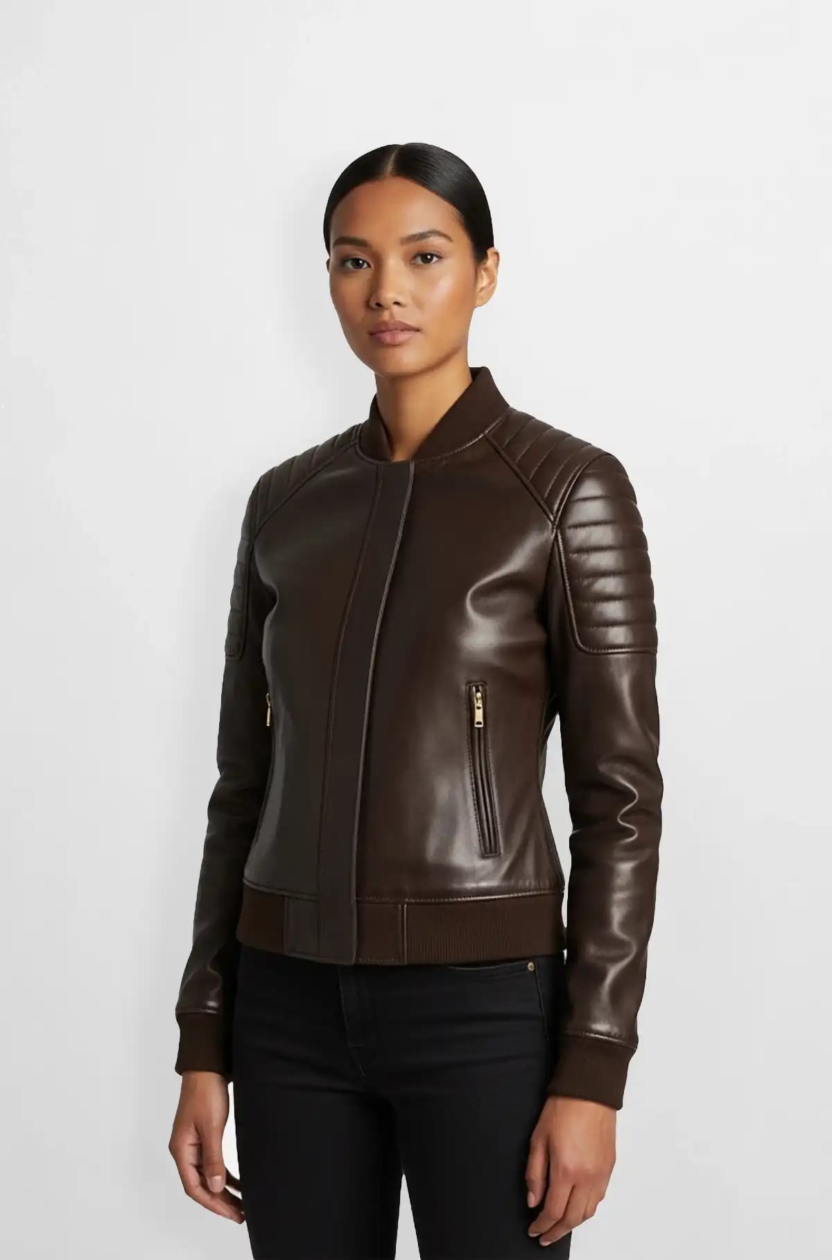 Ash Brown Leather Bomber Jacket