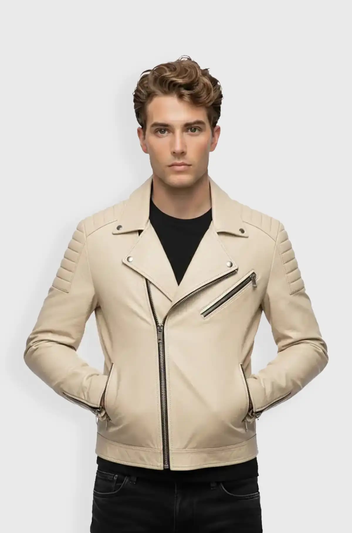 Beige Leather Biker Jacket for Men