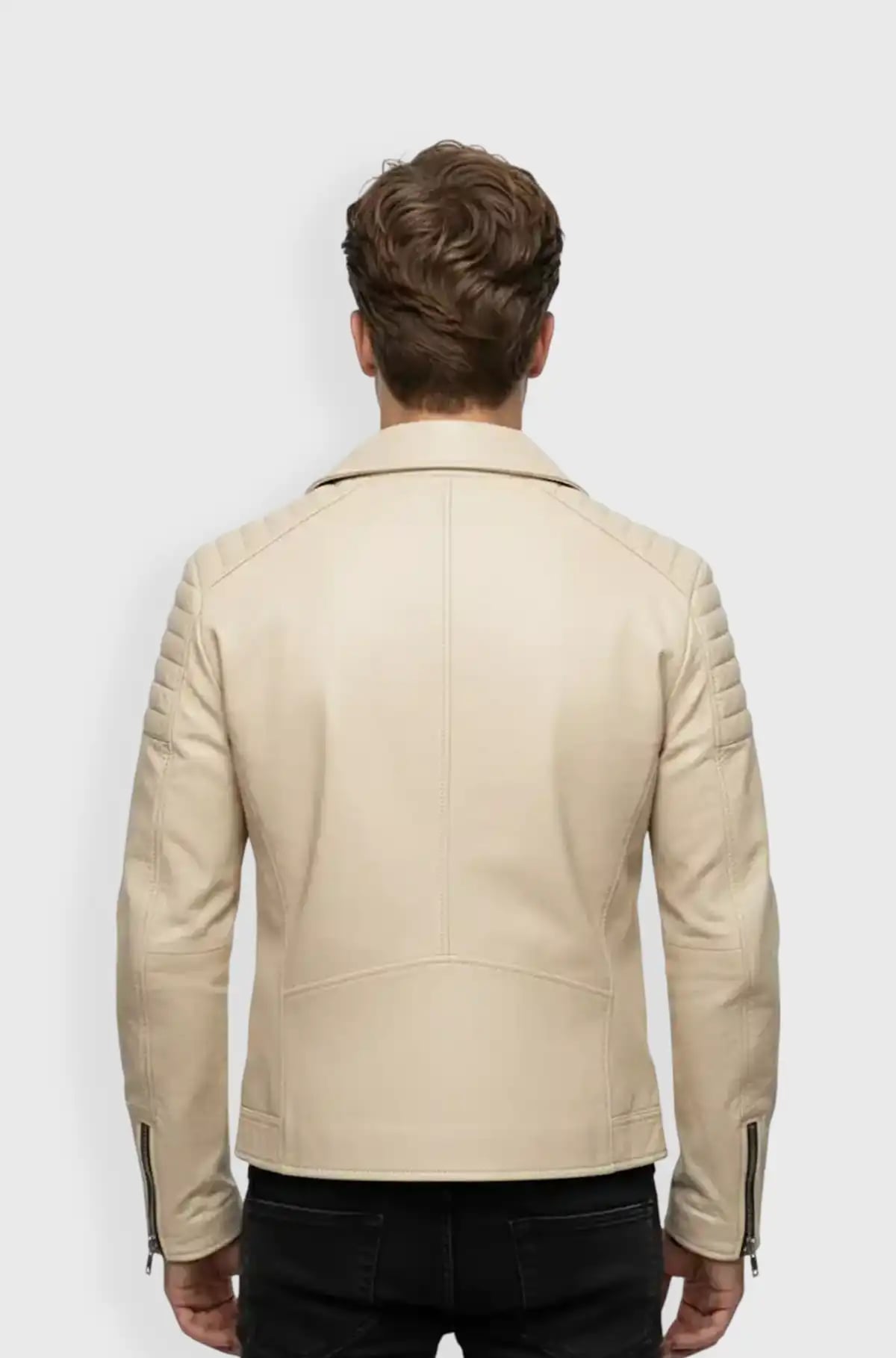 Beige Leather Biker Jacket for Men