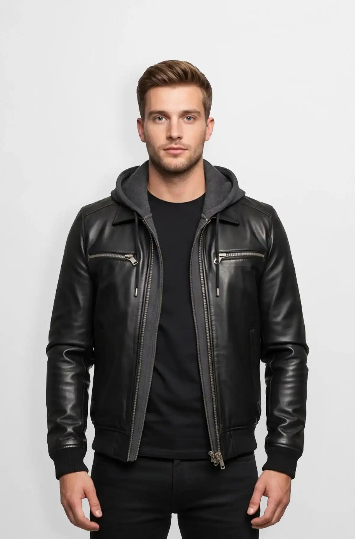 Black Hooded Bomber Leather Jacket