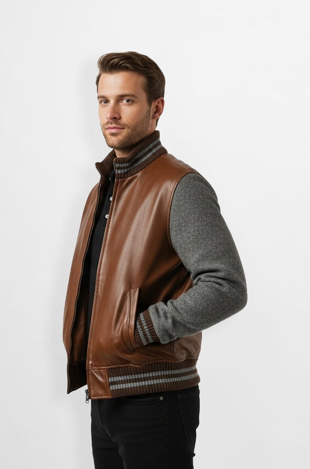 Brown Leather and Wool Bomber Jacket