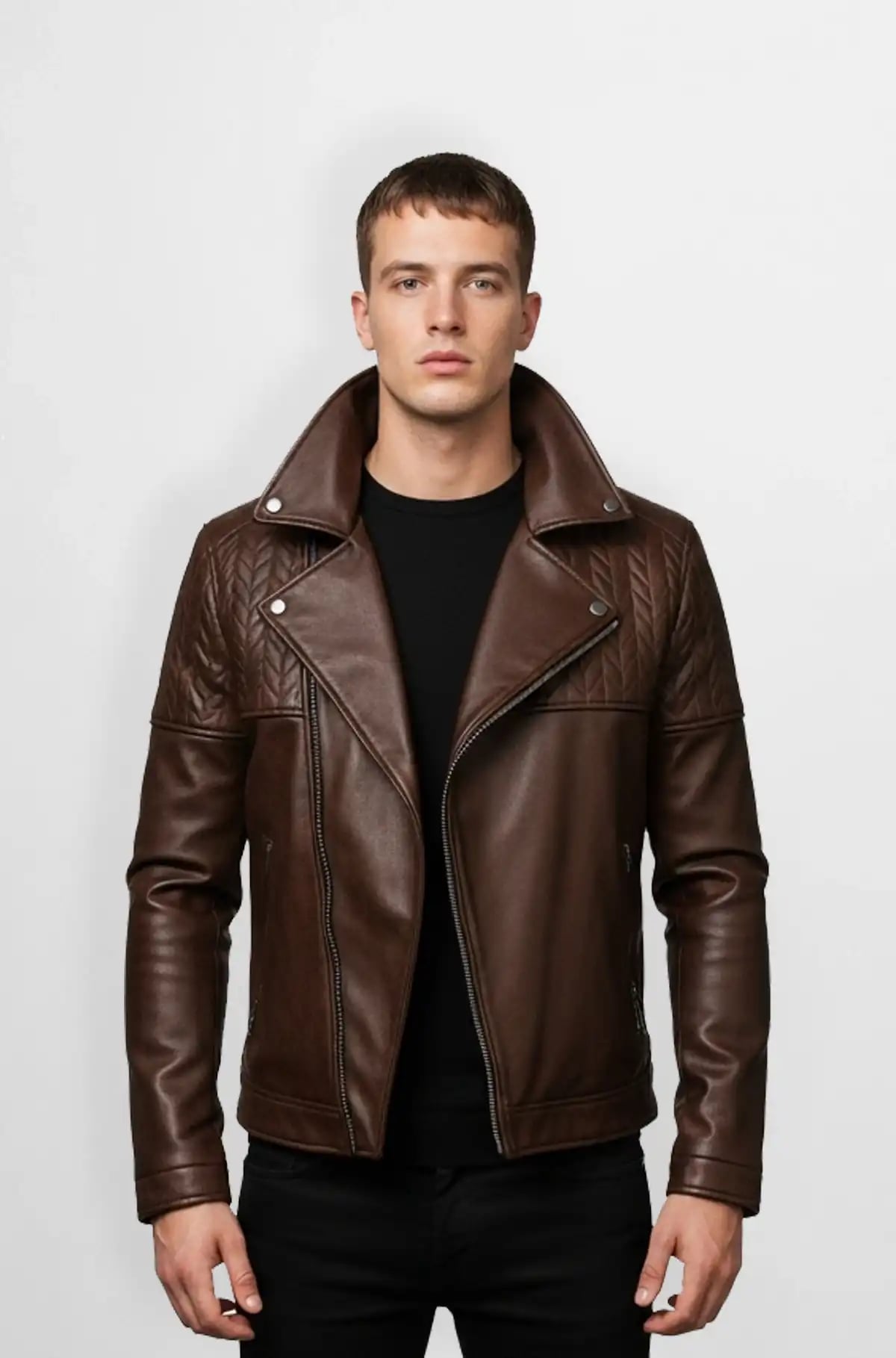 Brown Quilted Leather Biker Jacket