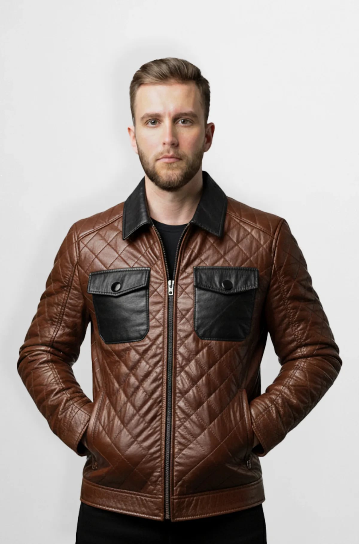 Brown Quilted Leather Trucker Jacket